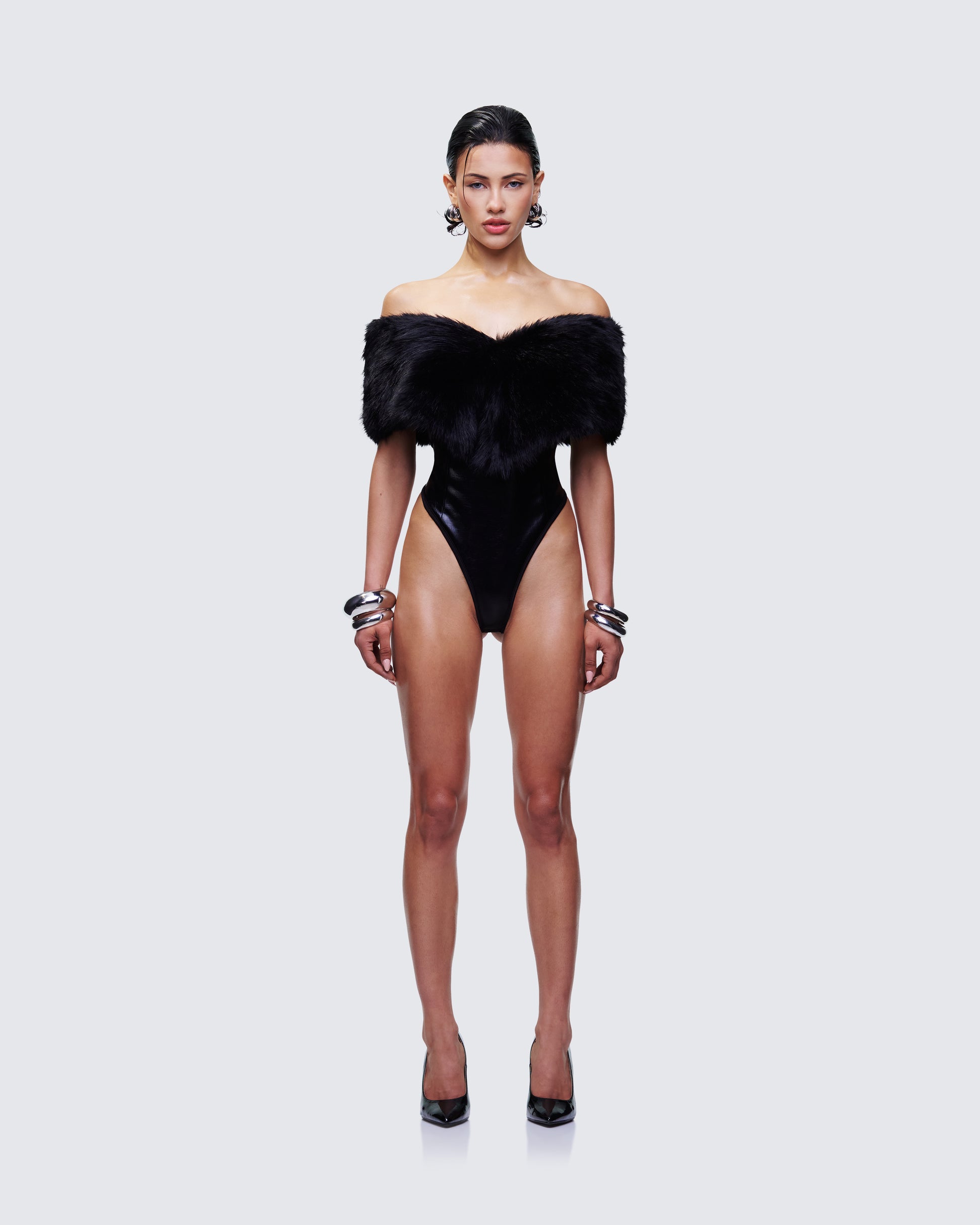 Nina Black Fur Trim Bodysuit
