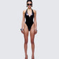 Betsy Black Vegan Leather Plunge Bodysuit model front