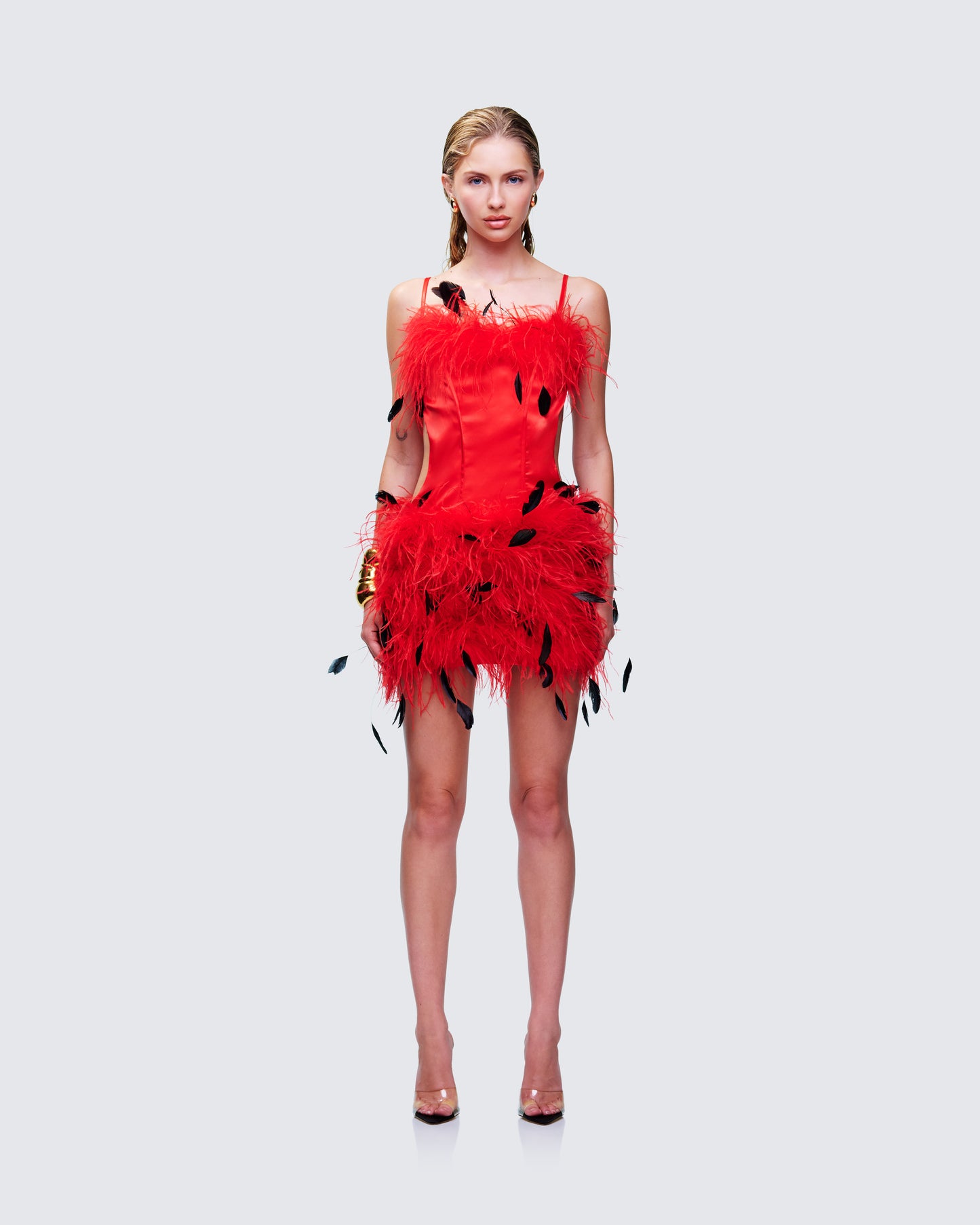 Meadow Red Feather Backless Mini Dress model front