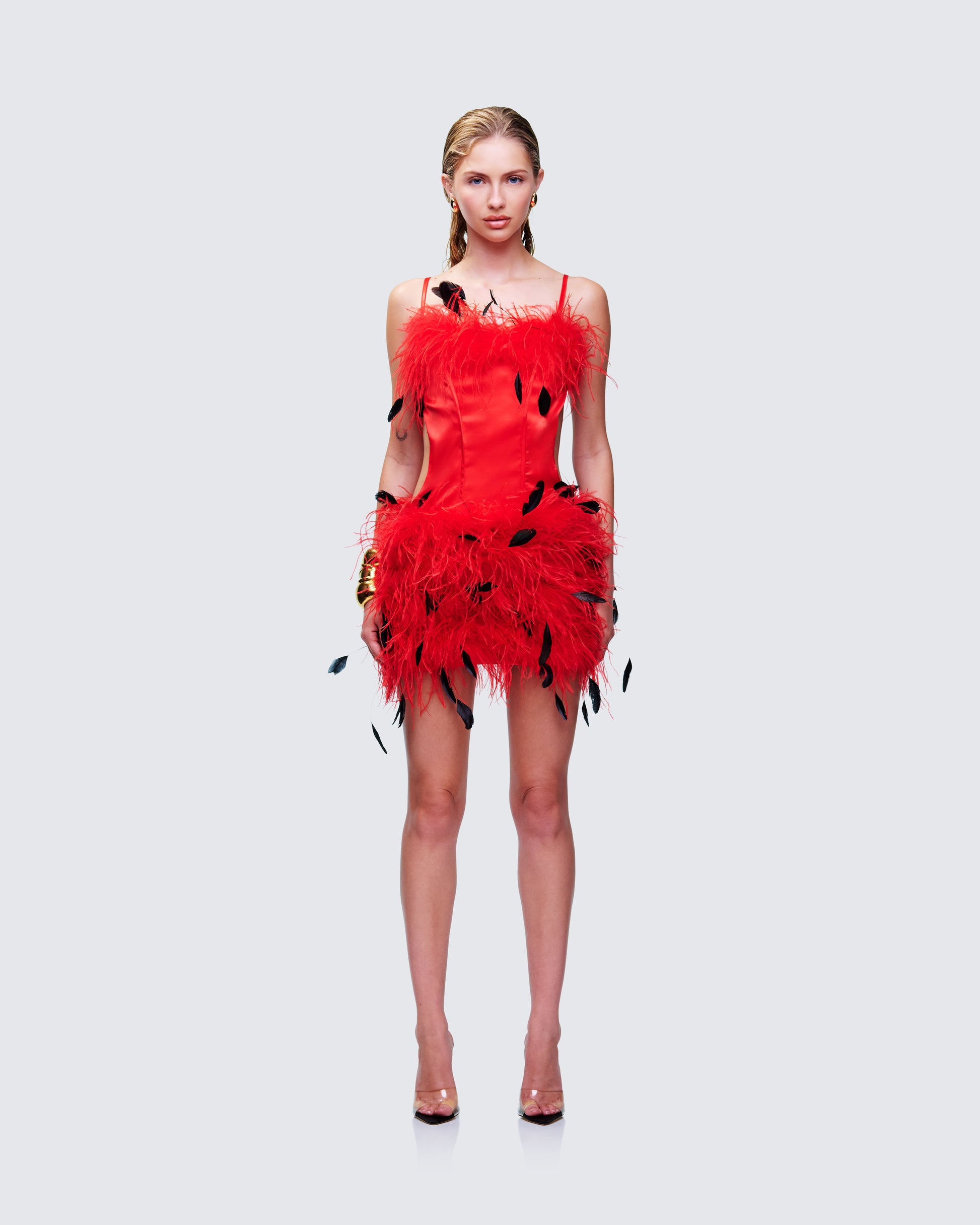 Meadow Red Feather Backless Mini Dress model front