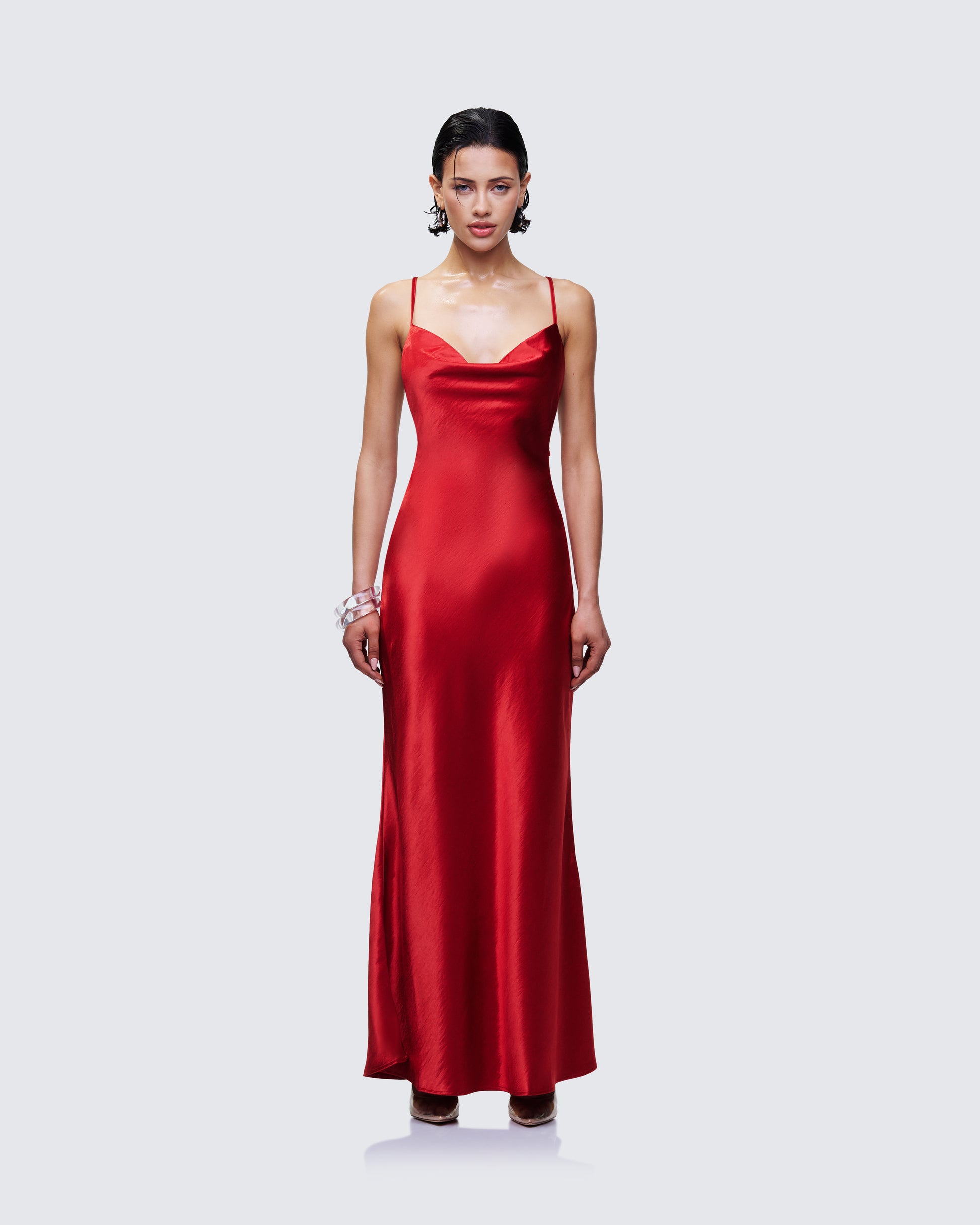 Red Satin Slip Dress - Cowl Neck Bias Cut Maxi FINESSE Red Satin Slip Dress - Cowl Neck Bias Cut Maxi FINESSE