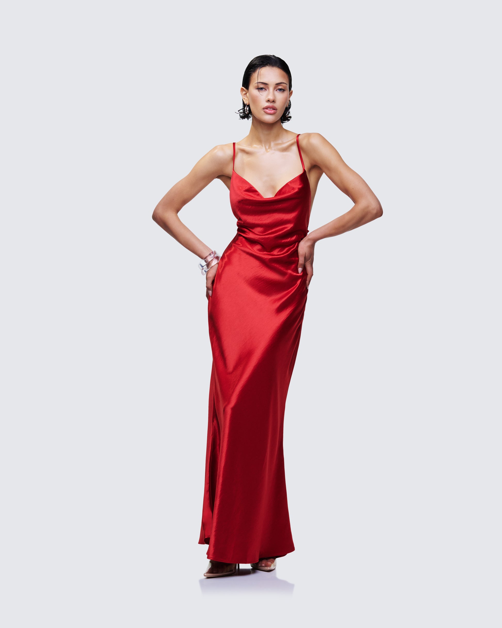 Red Satin Slip Dress - Cowl Neck Bias Cut Maxi FINESSE Red Satin Slip Dress - Cowl Neck Bias Cut Maxi FINESSE