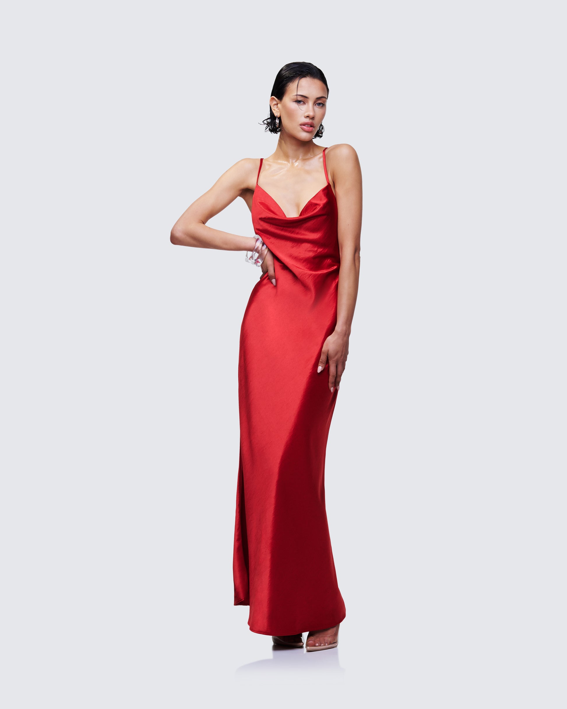 Red Satin Slip Dress - Cowl Neck Bias Cut Maxi FINESSE Red Satin Slip Dress - Cowl Neck Bias Cut Maxi FINESSE
