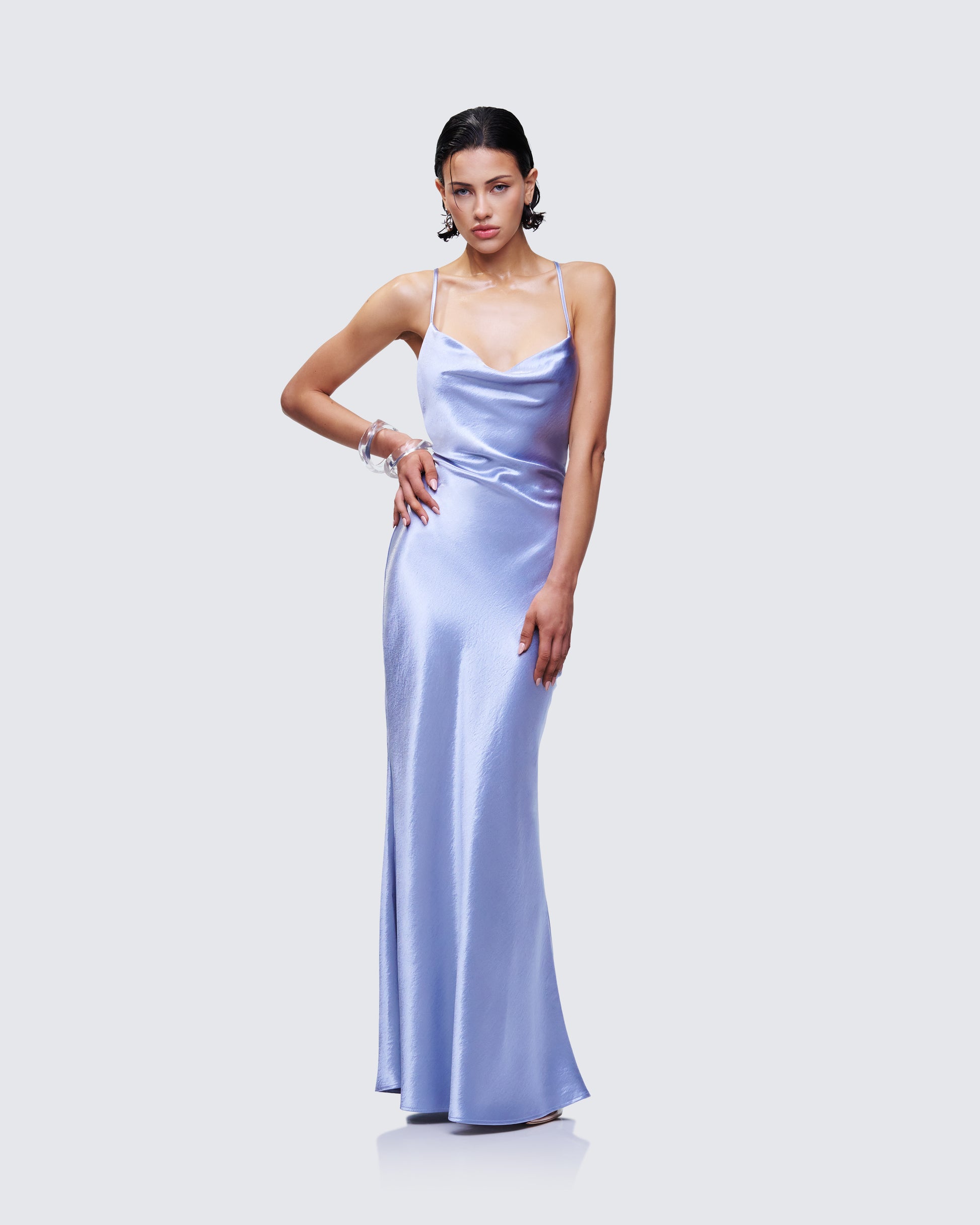 Blue Satin Slip Maxi Dress - Cowl Neck Formal 1X Blue Satin Slip Maxi Dress - Cowl Neck Formal 1X