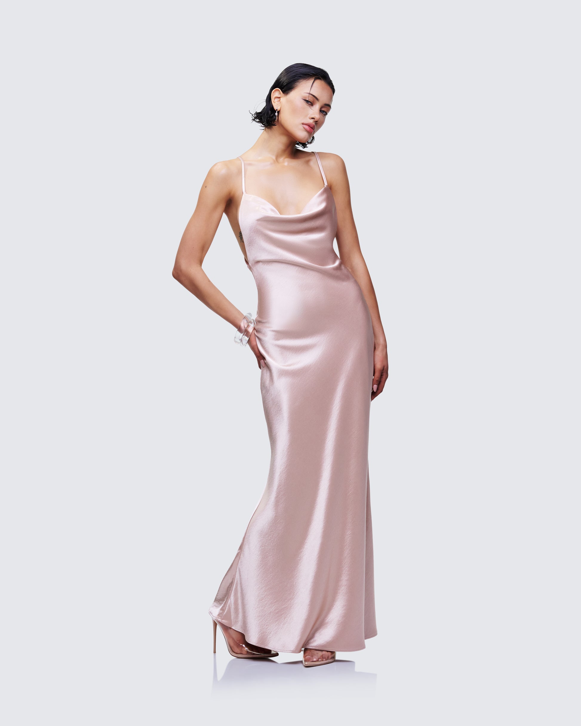 Pink Satin Slip Maxi Dress - Cowl Neck Formal Gown FINESSE Pink Satin Slip Maxi Dress - Cowl Neck Formal Gown FINESSE