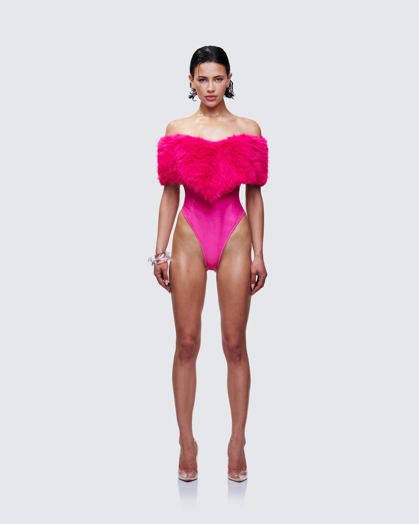 Nina Pink Fur Trim Bodysuit model front