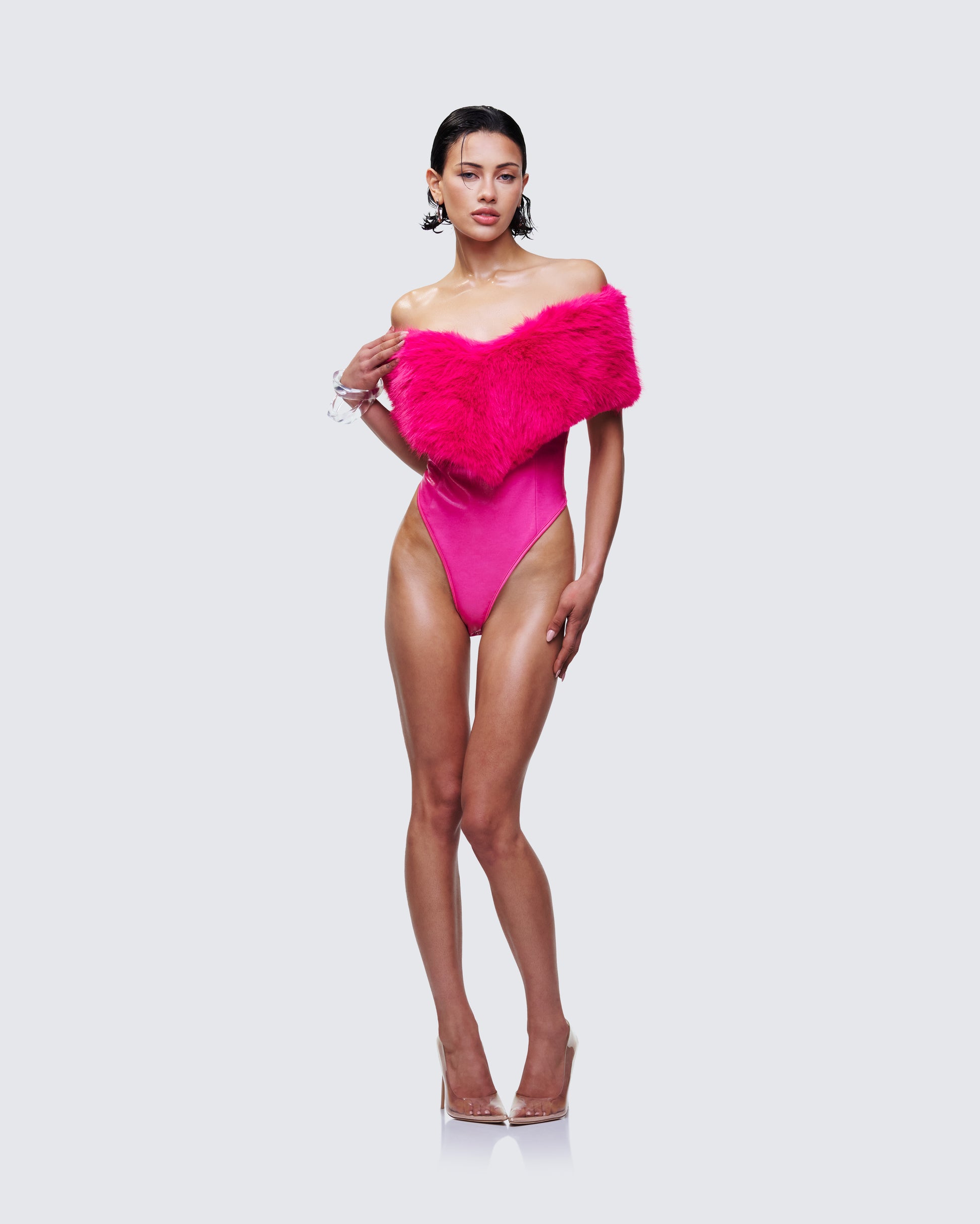 Nina Pink Fur Trim Bodysuit