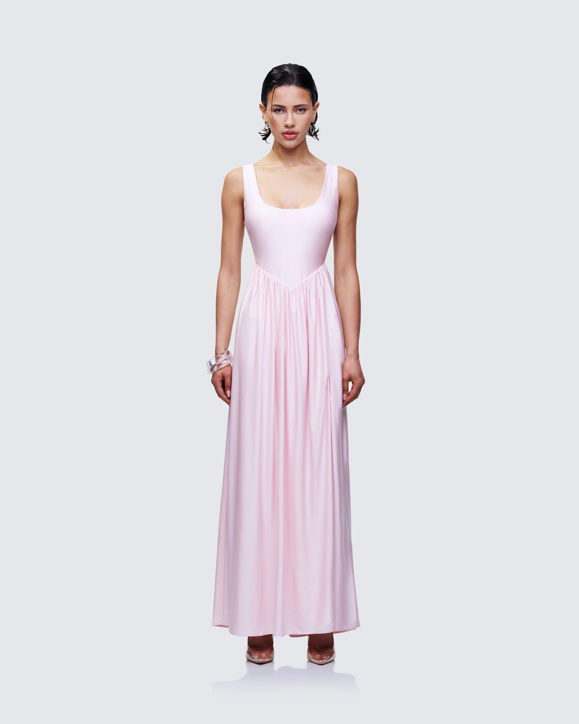 Isoria Pink Princess Waist Maxi Dress model front