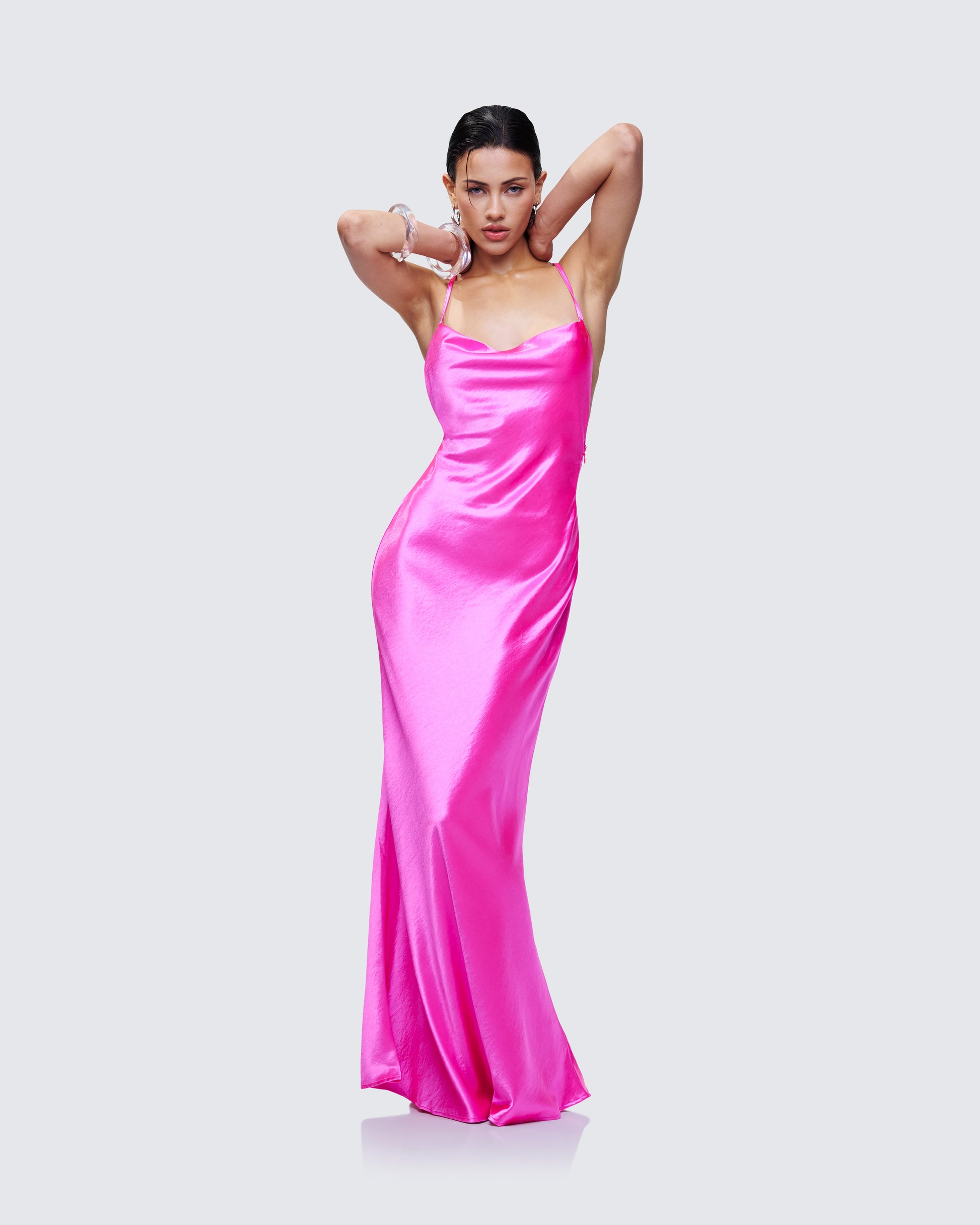 Pink Satin Slip Maxi Dress - Cowl Neck Bias Cut 3X Pink Satin Slip Maxi Dress - Cowl Neck Bias Cut 3X