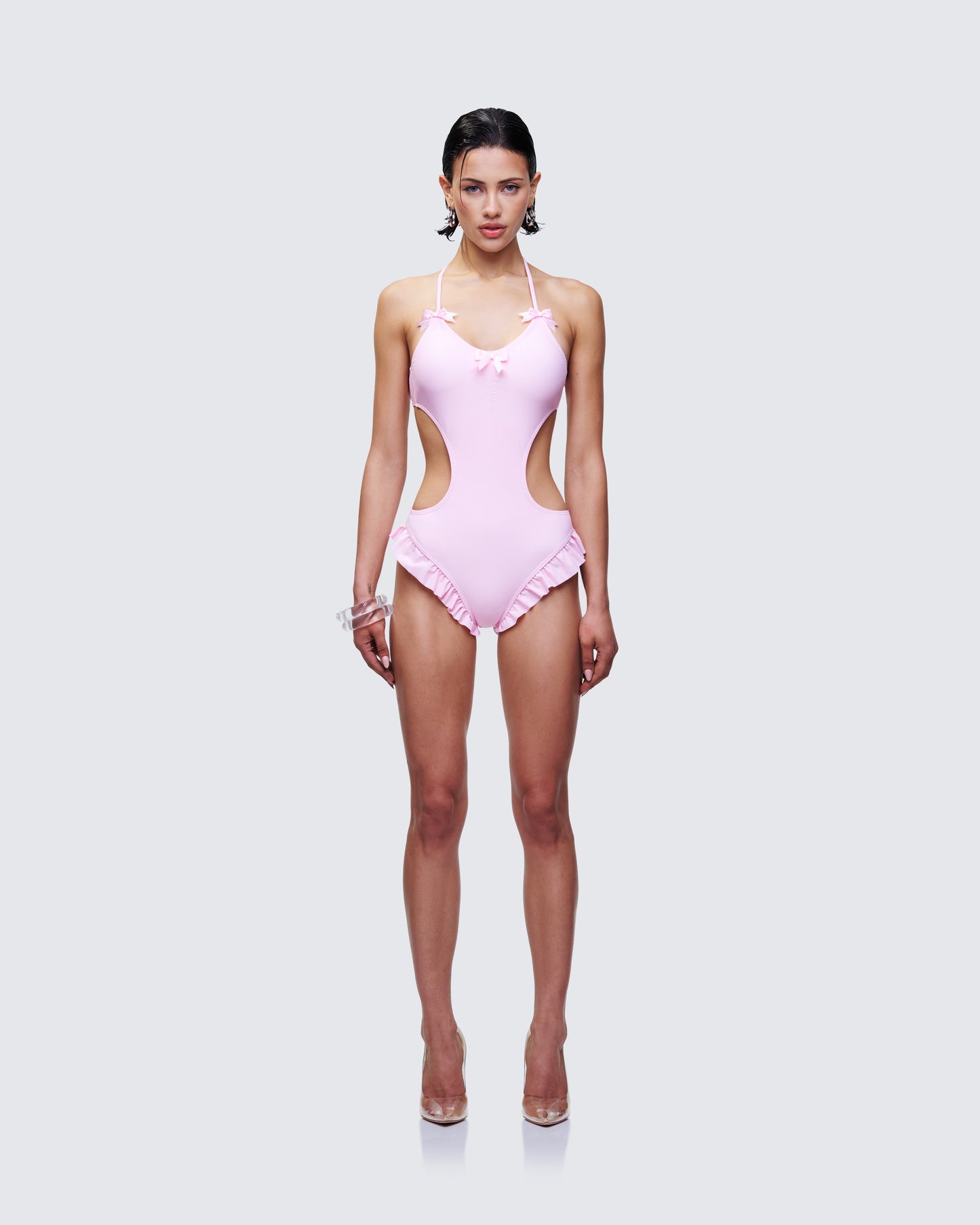 Persephone Pink Bow Swimsuit model front