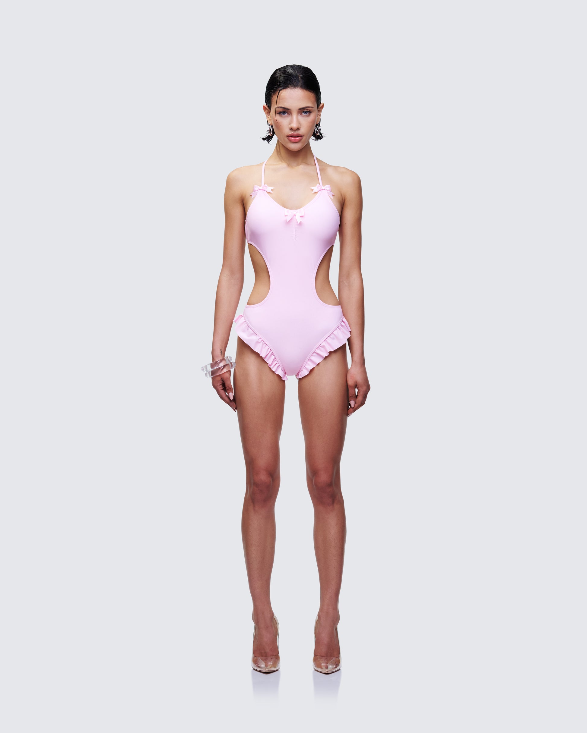 Persephone Pink Bow Swimsuit model front