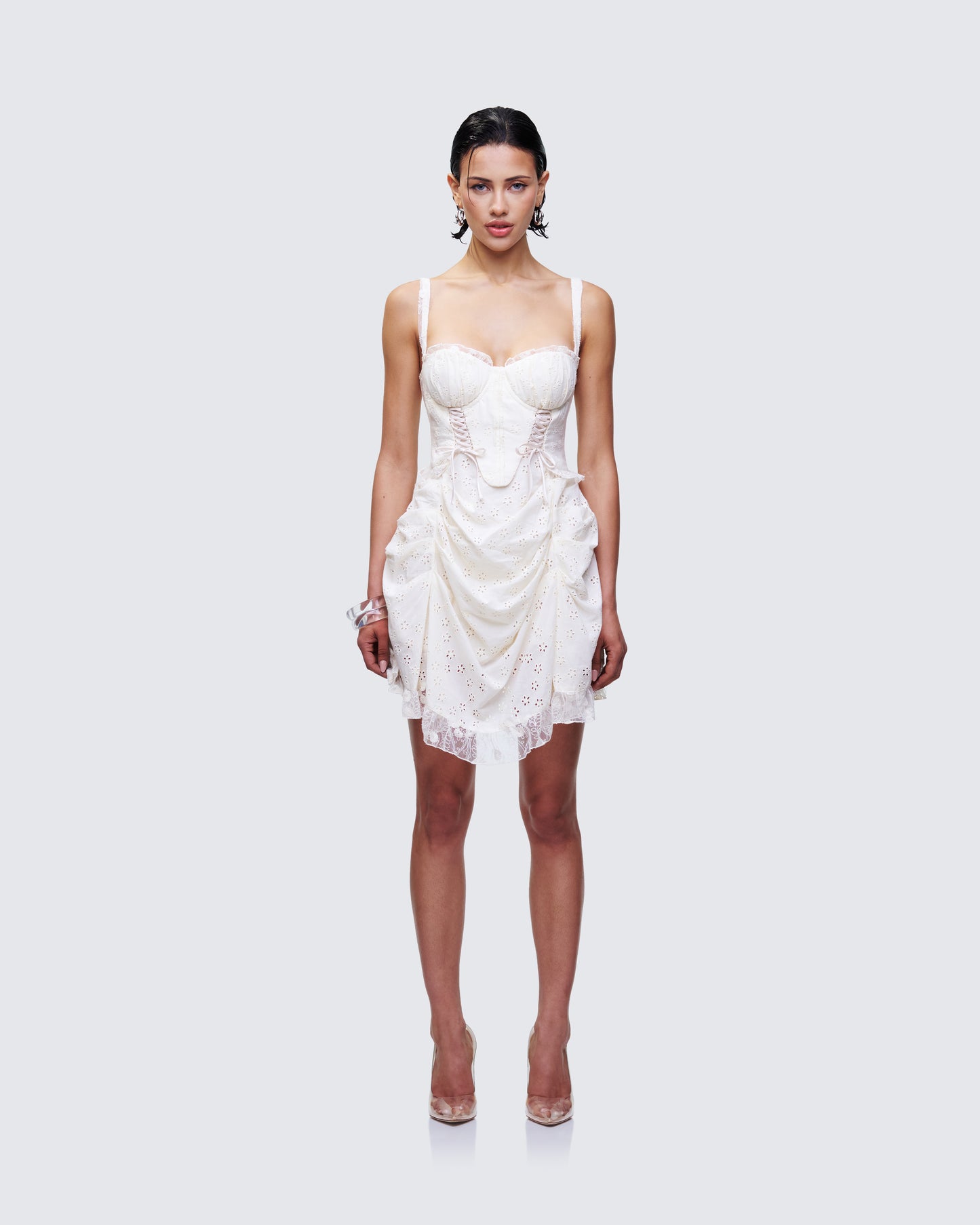 Sallie Ivory Eyelet Corset Mini Dress model front