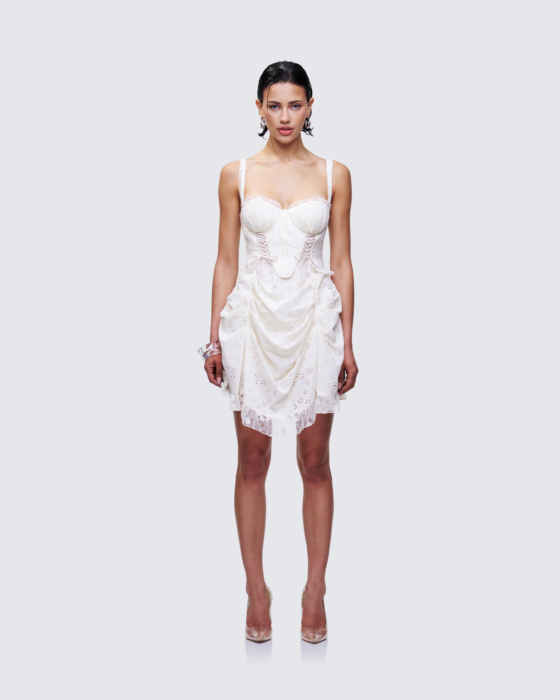 Sallie Ivory Eyelet Corset Mini Dress model front