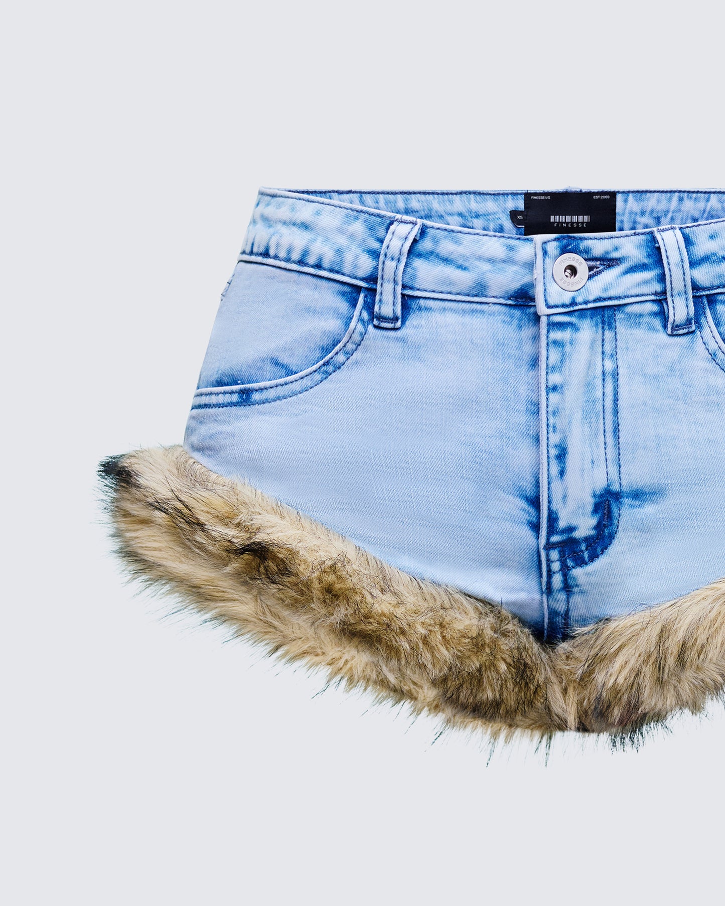 Megari Denim Faux Fur Trim Mini Shorts