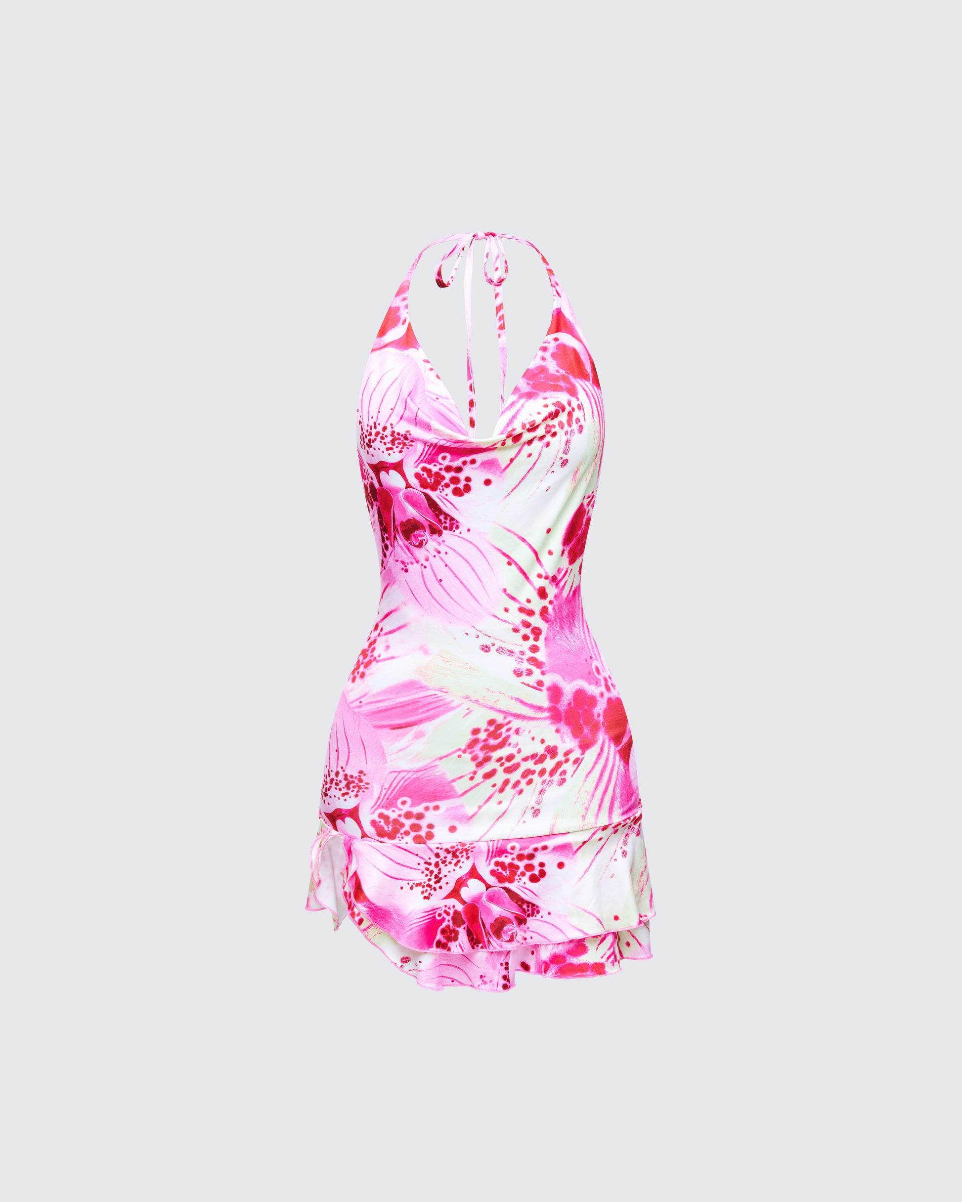 Pink Floral Halter Mini Dress - Cowl Neck Summer FINESSE Pink Floral Halter Mini Dress - Cowl Neck Summer FINESSE