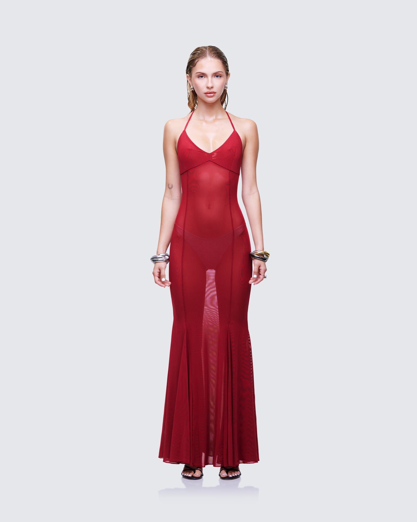Ash Red Sheer Mesh Maxi Dress model front