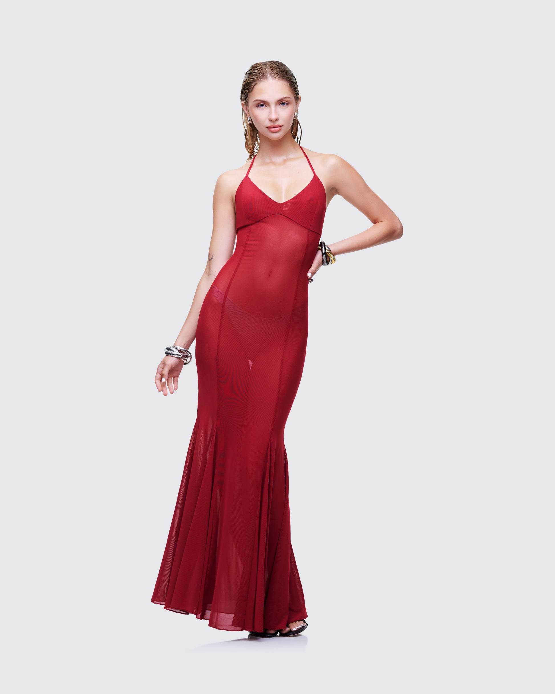 Red Halter Maxi Dress - Sheer Mesh Mermaid Gown FINESSE Red Halter Maxi Dress - Sheer Mesh Mermaid Gown FINESSE