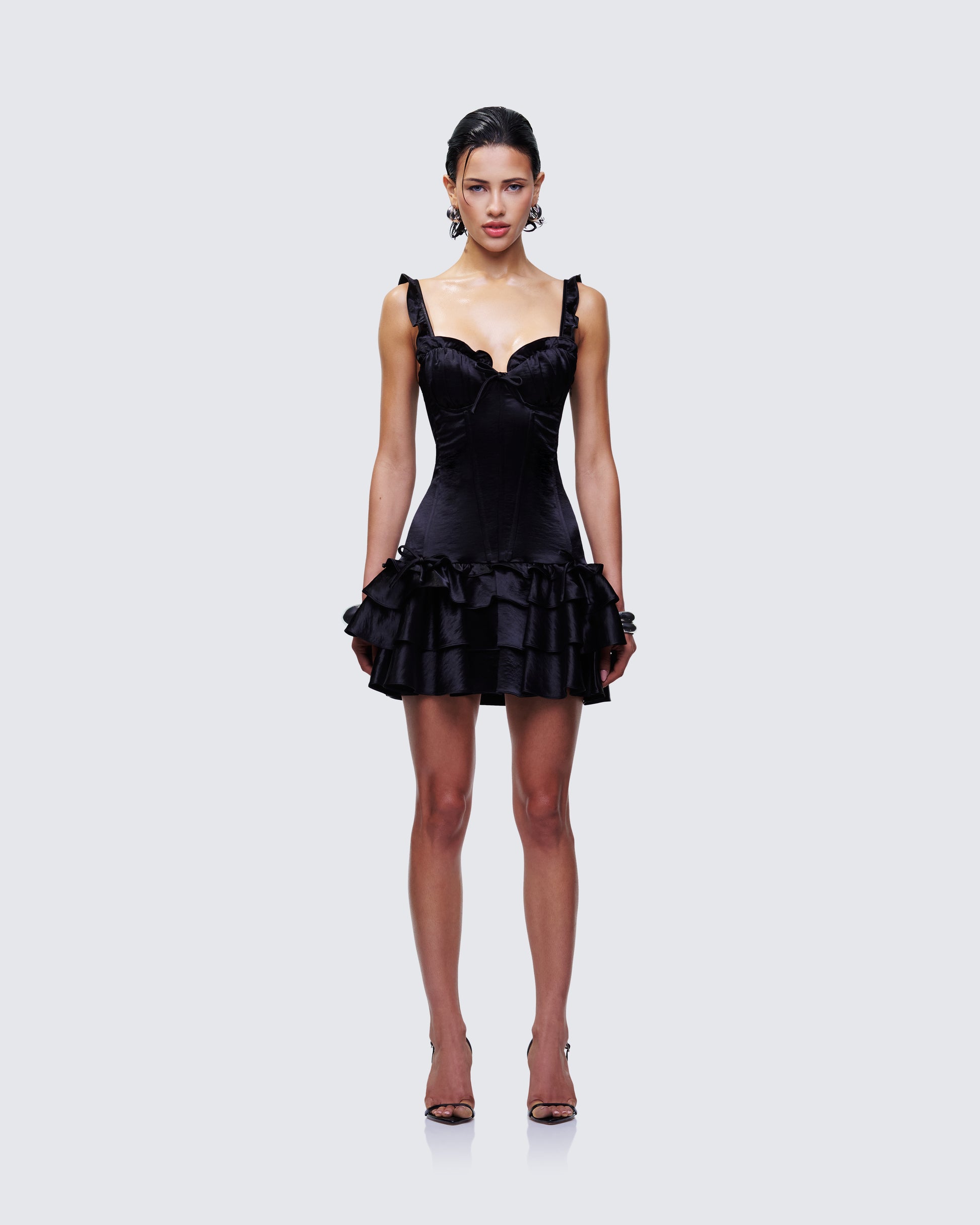 Black Satin Mini Dress - Ruffle Hem Corset Party Dress FINESSE Black Satin Mini Dress - Ruffle Hem Corset Party Dress FINESSE