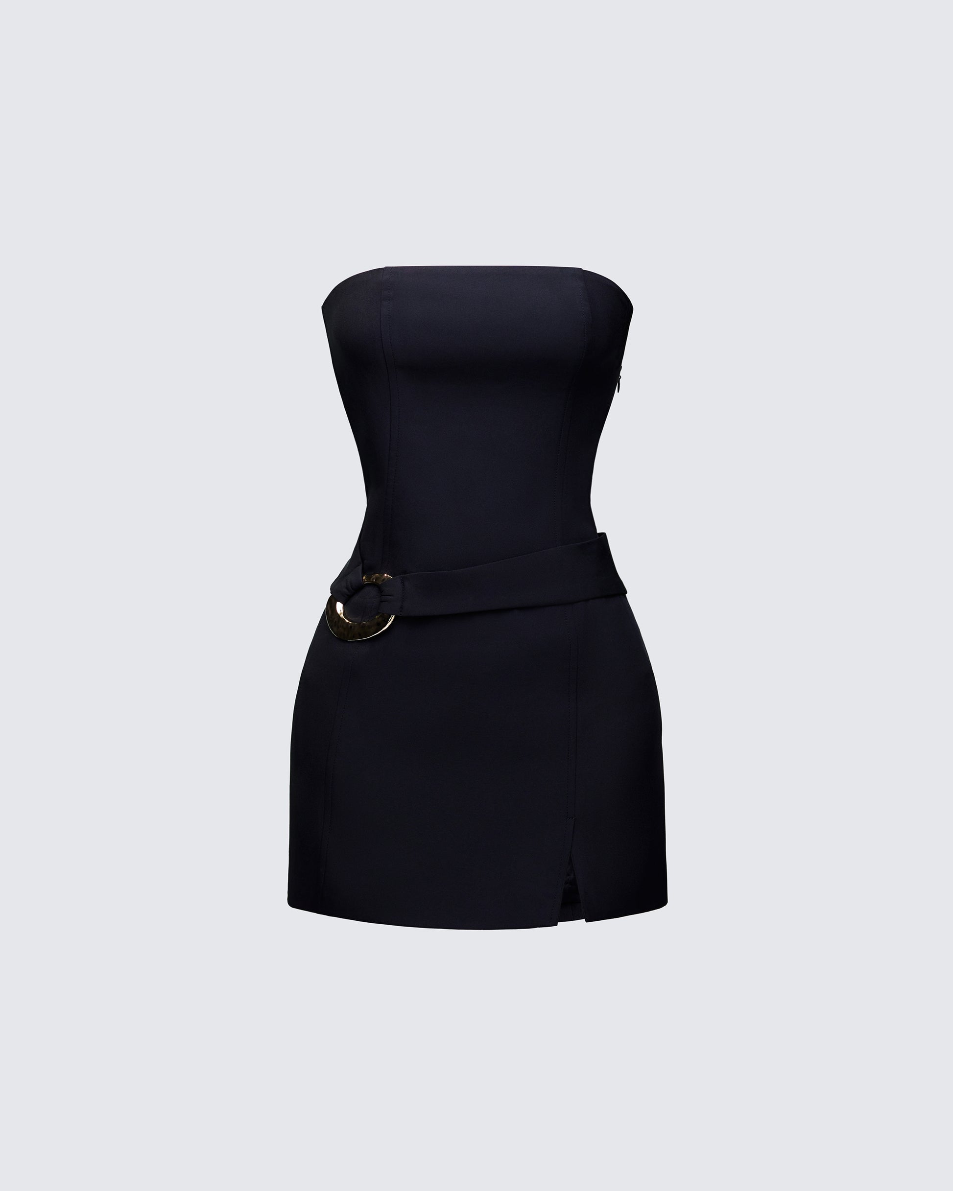 Black Strapless Mini Dress - Belted Bodycon Party Dress FINESSE Black Strapless Mini Dress - Belted Bodycon Party Dress FINESSE