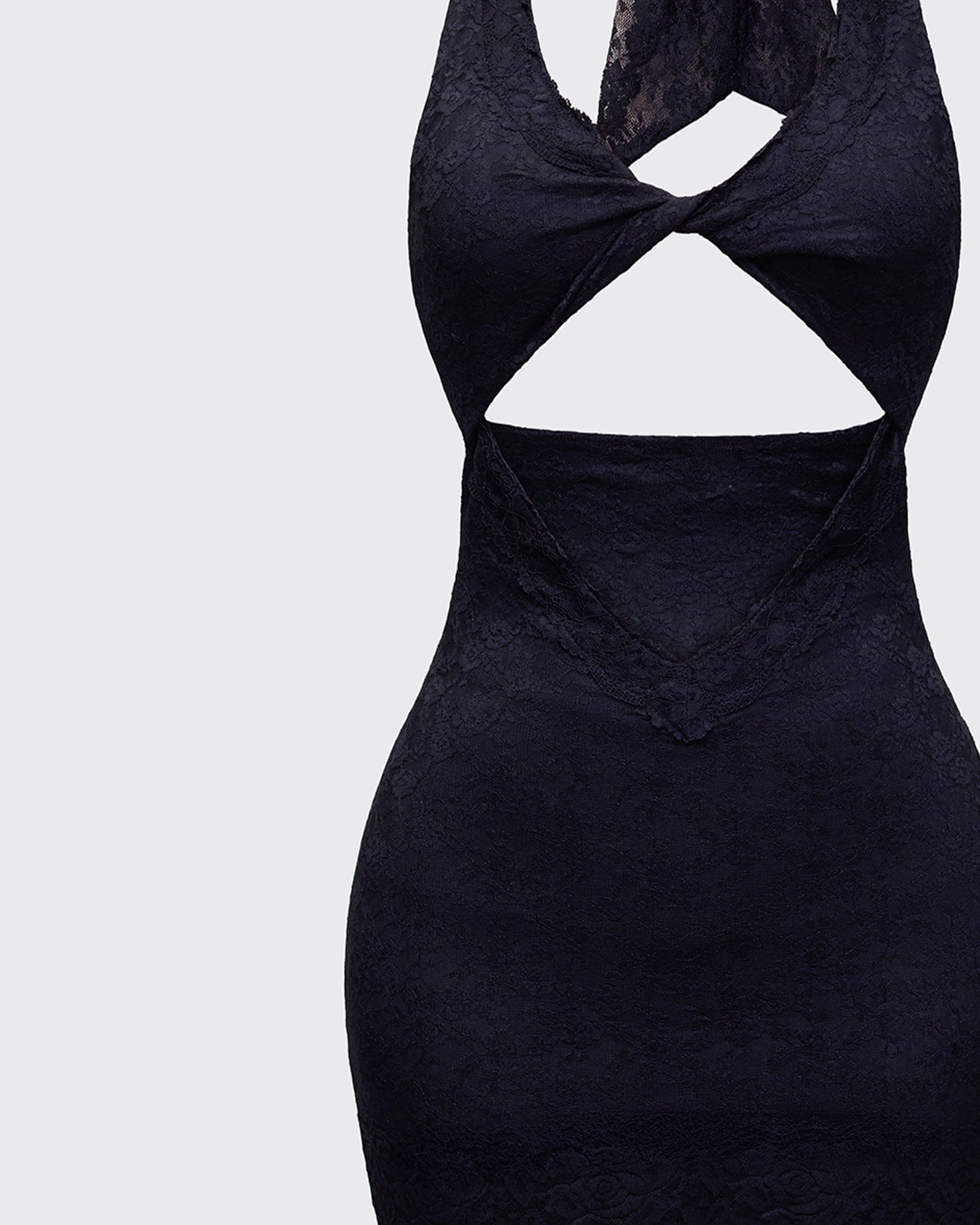 Black Lace Mini Dress - Cutout Halter Bodycon L Black Lace Mini Dress - Cutout Halter Bodycon L