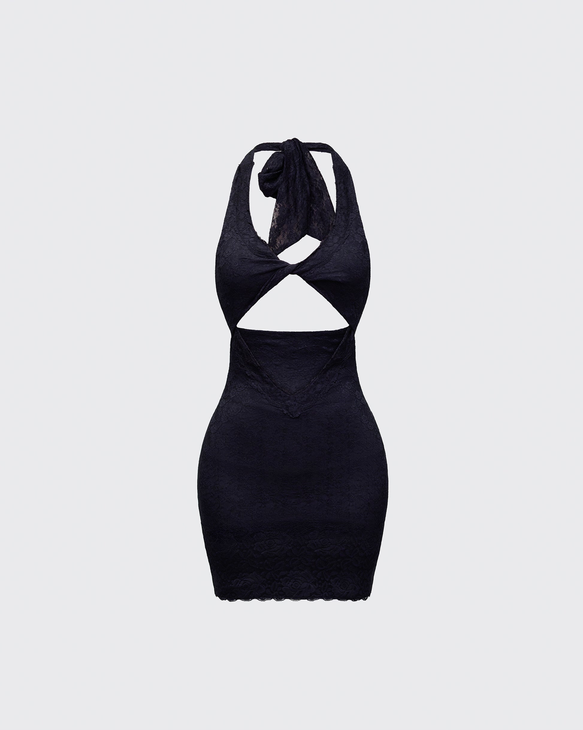 Black Lace Mini Dress - Cutout Halter Bodycon L Black Lace Mini Dress - Cutout Halter Bodycon L