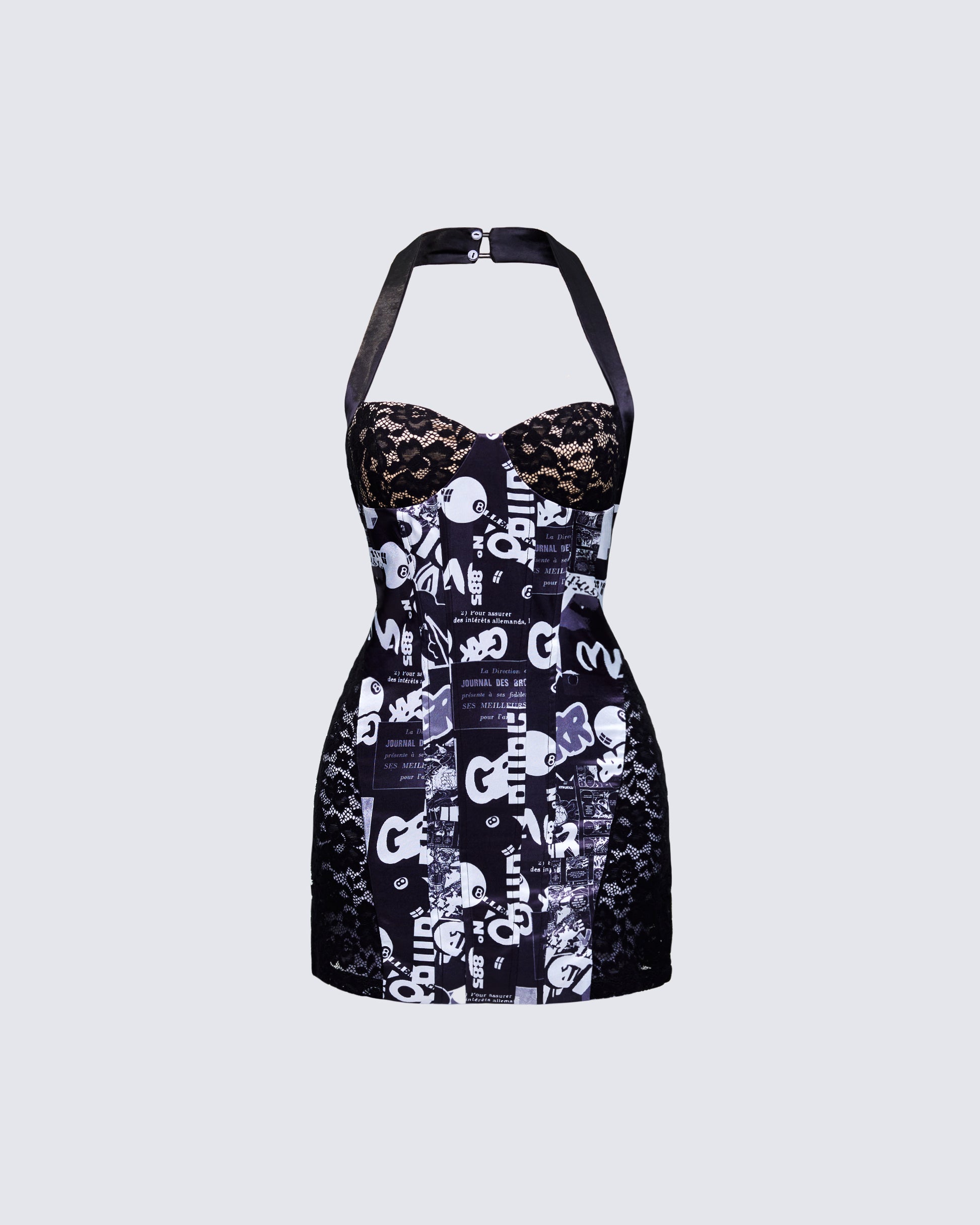Black Lace Mini Dress - Halter Graffiti Print Bodycon FINESSE Black Lace Mini Dress - Halter Graffiti Print Bodycon FINESSE
