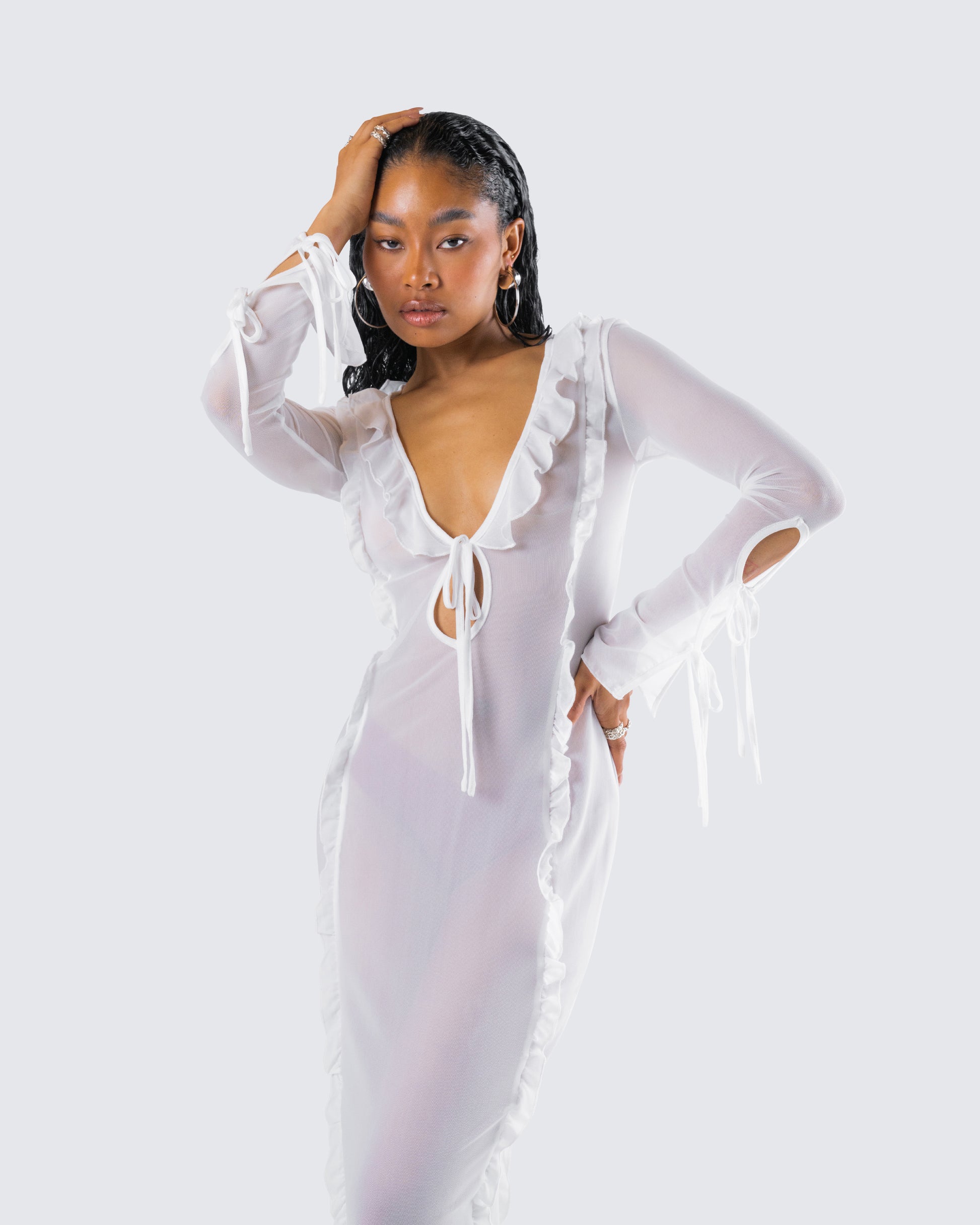 White Mesh Maxi Dress - Plunge V-Neck Bell Sleeve FINESSE White Mesh Maxi Dress - Plunge V-Neck Bell Sleeve FINESSE