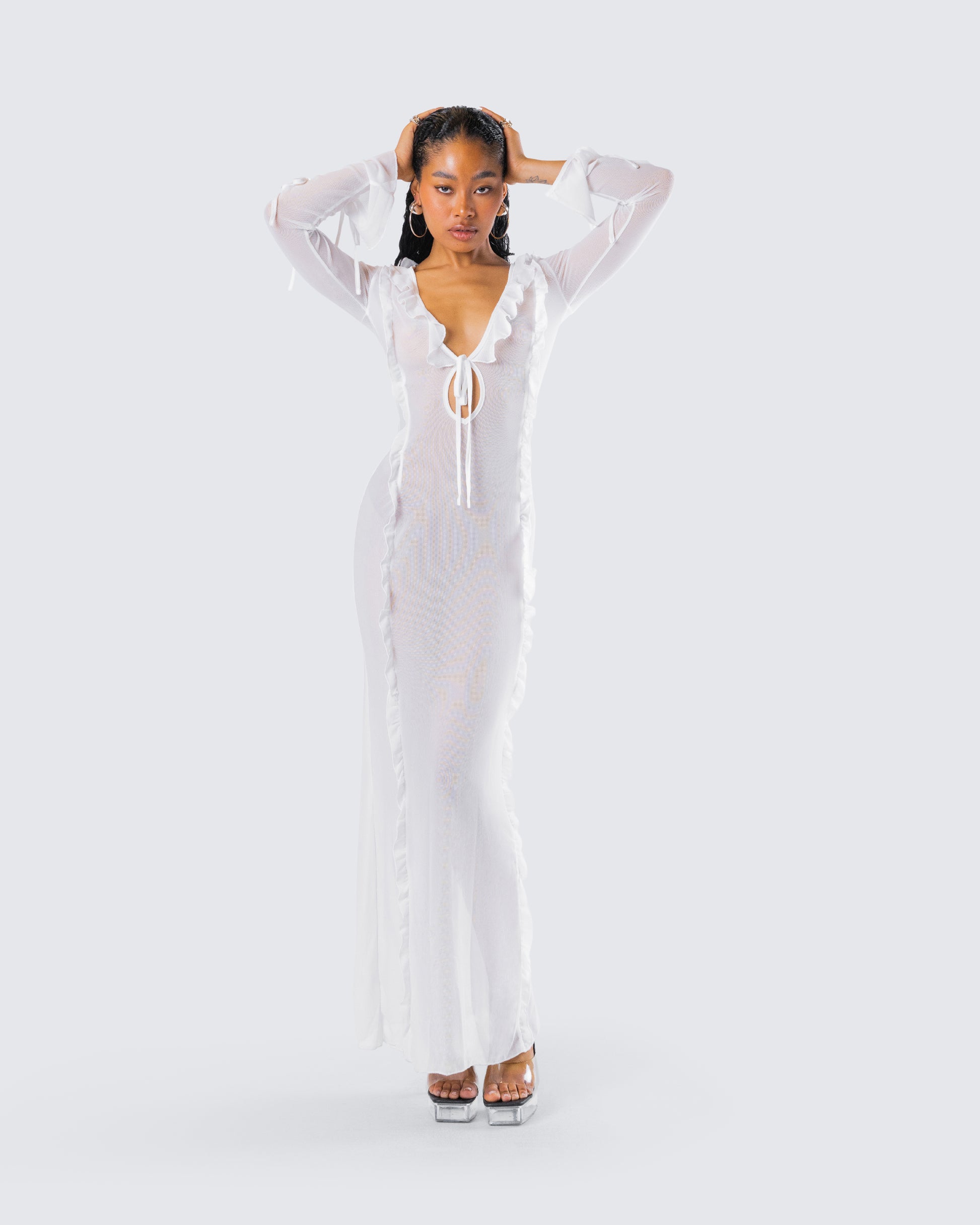 white mesh dress long sleeve White Mesh Maxi Dress