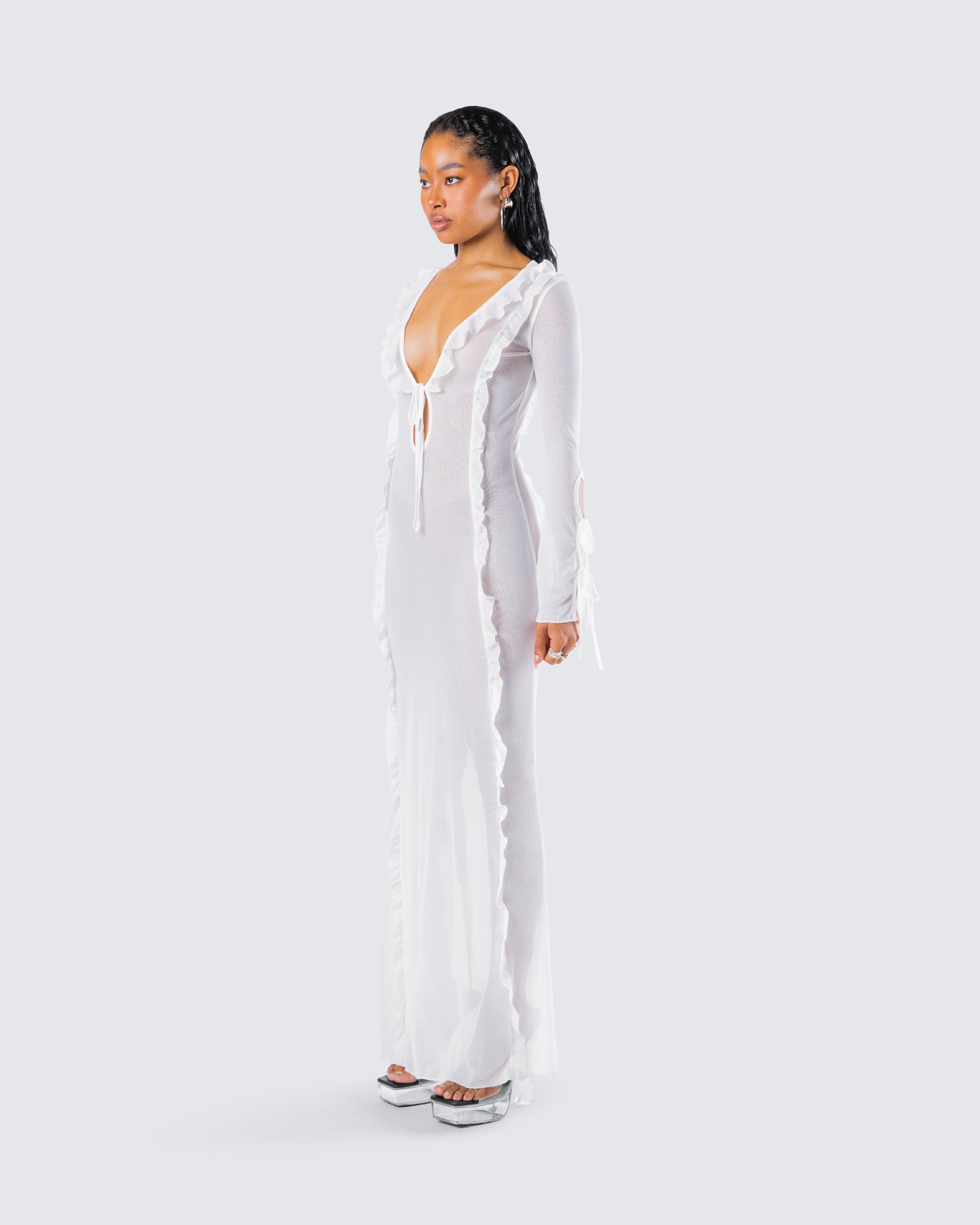 white mesh dress long sleeve White Mesh Maxi Dress