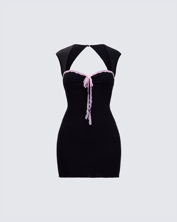 Floriana Black Lace Trim Rib Mini Dress