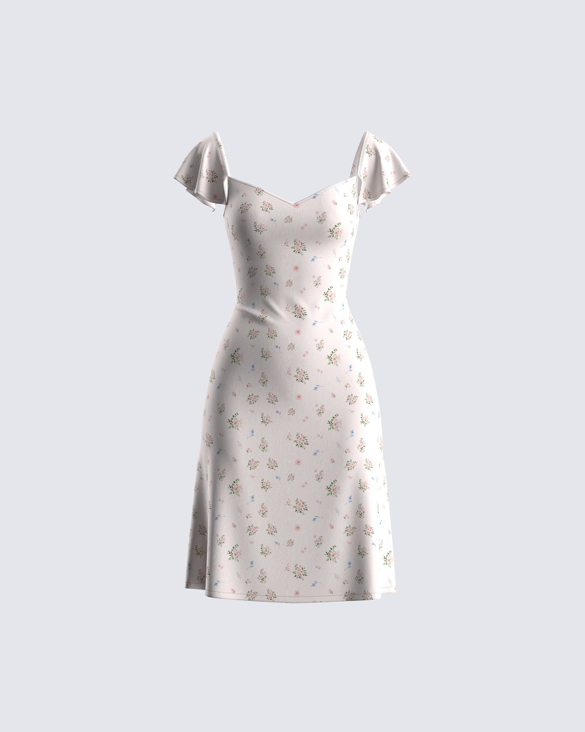 Beige Floral Midi Dress - Square Neck Flutter Sleeve FINESSE Beige Floral Midi Dress - Square Neck Flutter Sleeve FINESSE