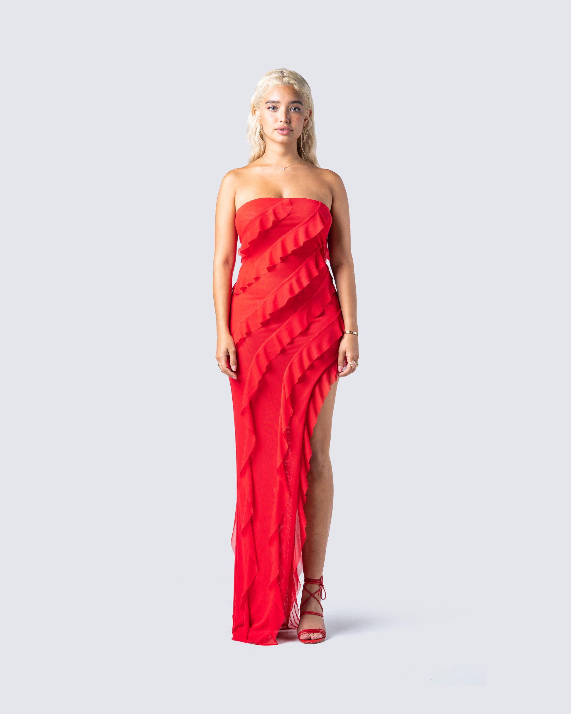 Red Ruffle Maxi Dress - Strapless Bodycon Evening FINESSE Red Ruffle Maxi Dress - Strapless Bodycon Evening FINESSE