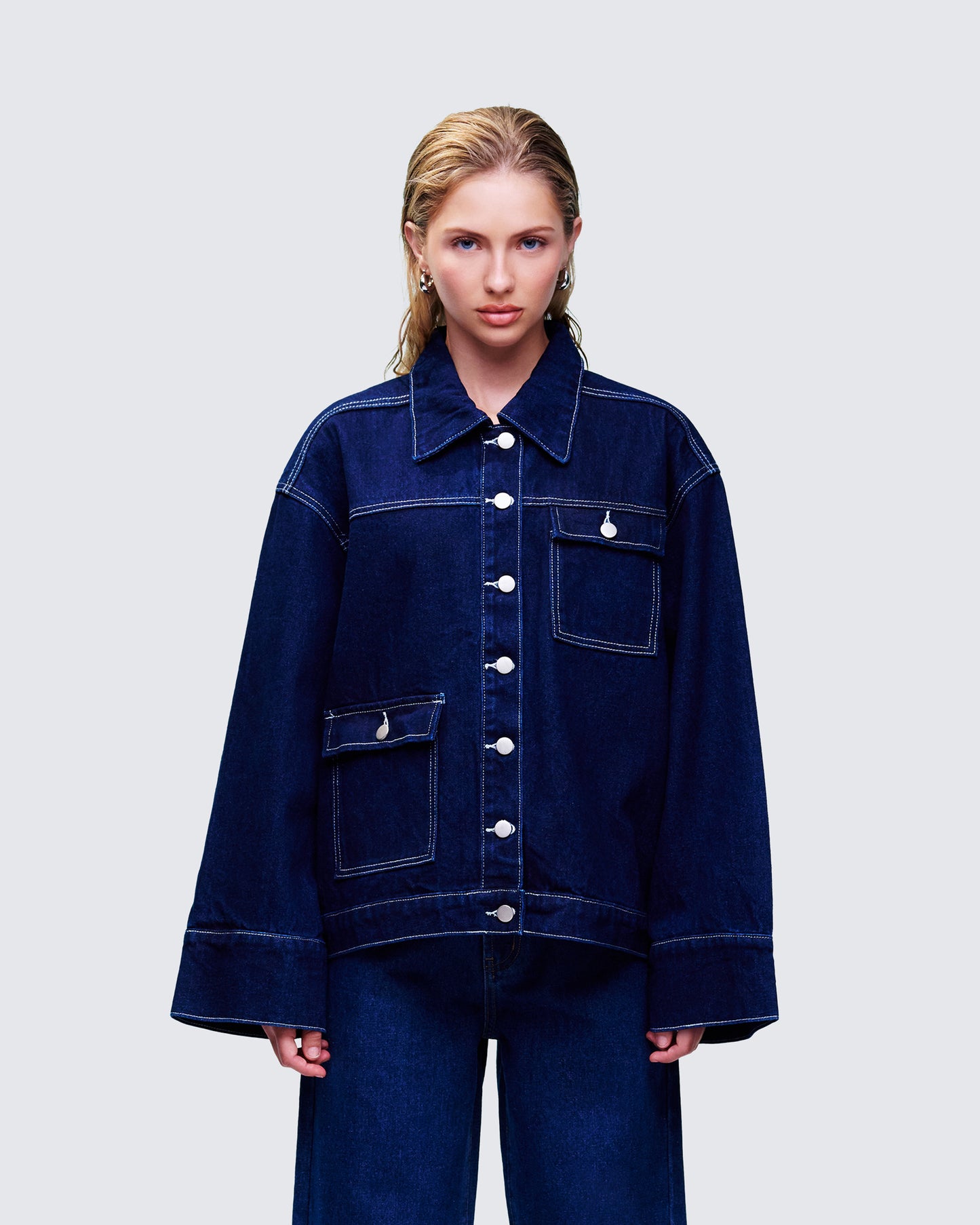 Frovi Blue Denim Oversized Shirt model front