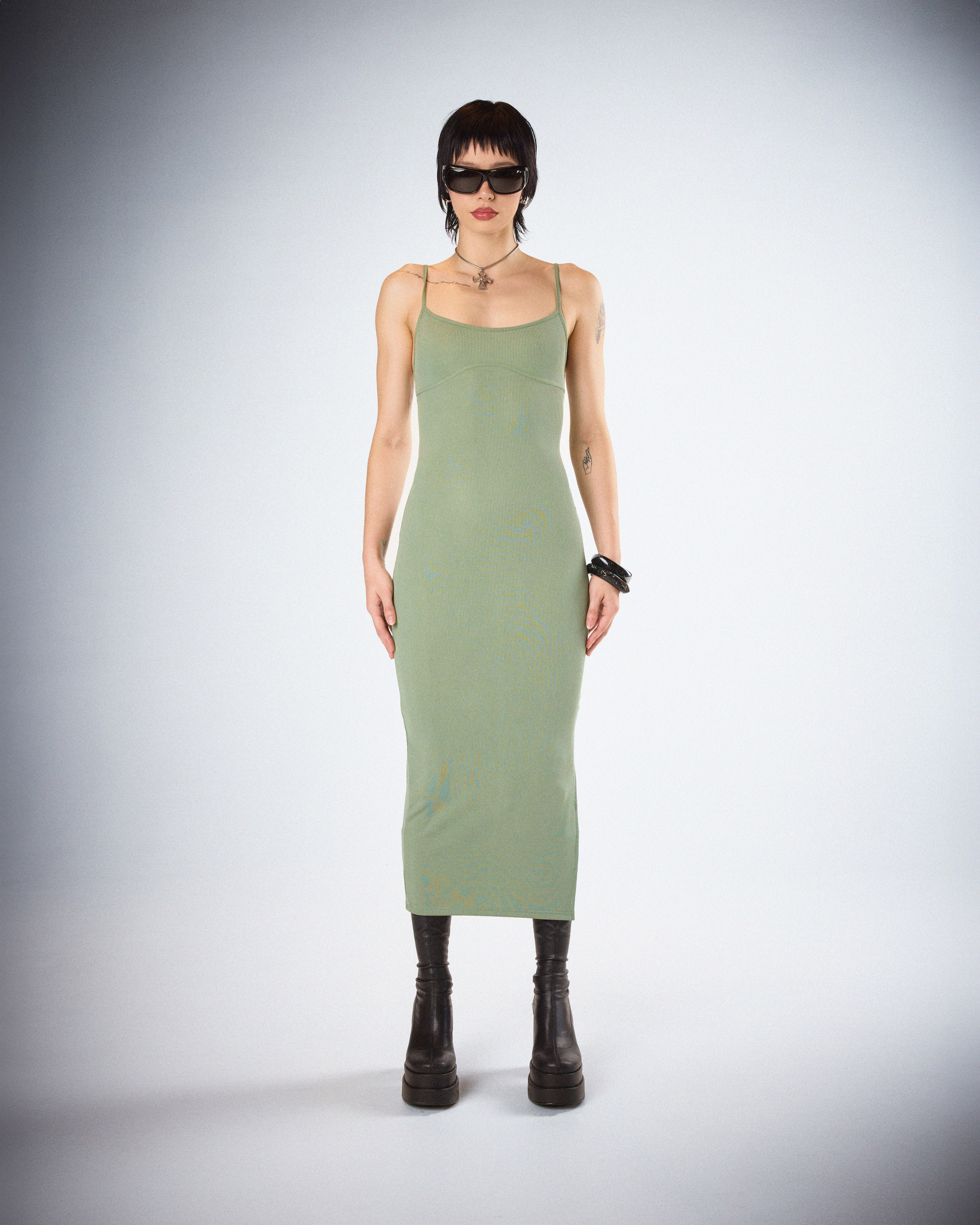 Sage Green Ribbed Midi Dress - Bodycon Ruffle Detail FINESSE Sage Green Ribbed Midi Dress - Bodycon Ruffle Detail FINESSE
