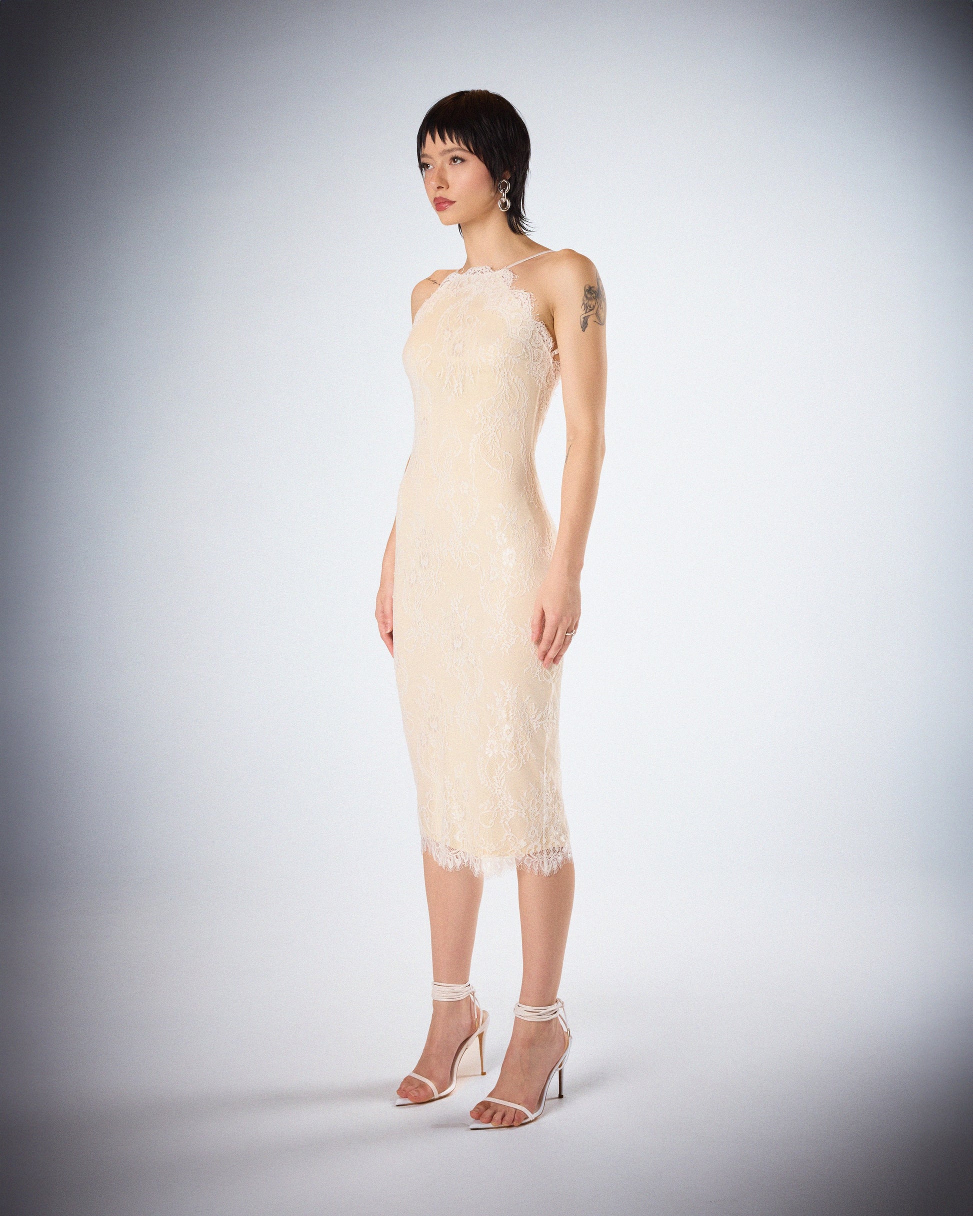 Ivory Lace Midi Dress - Halter Neck Fitted Cocktail FINESSE Ivory Lace Midi Dress - Halter Neck Fitted Cocktail FINESSE
