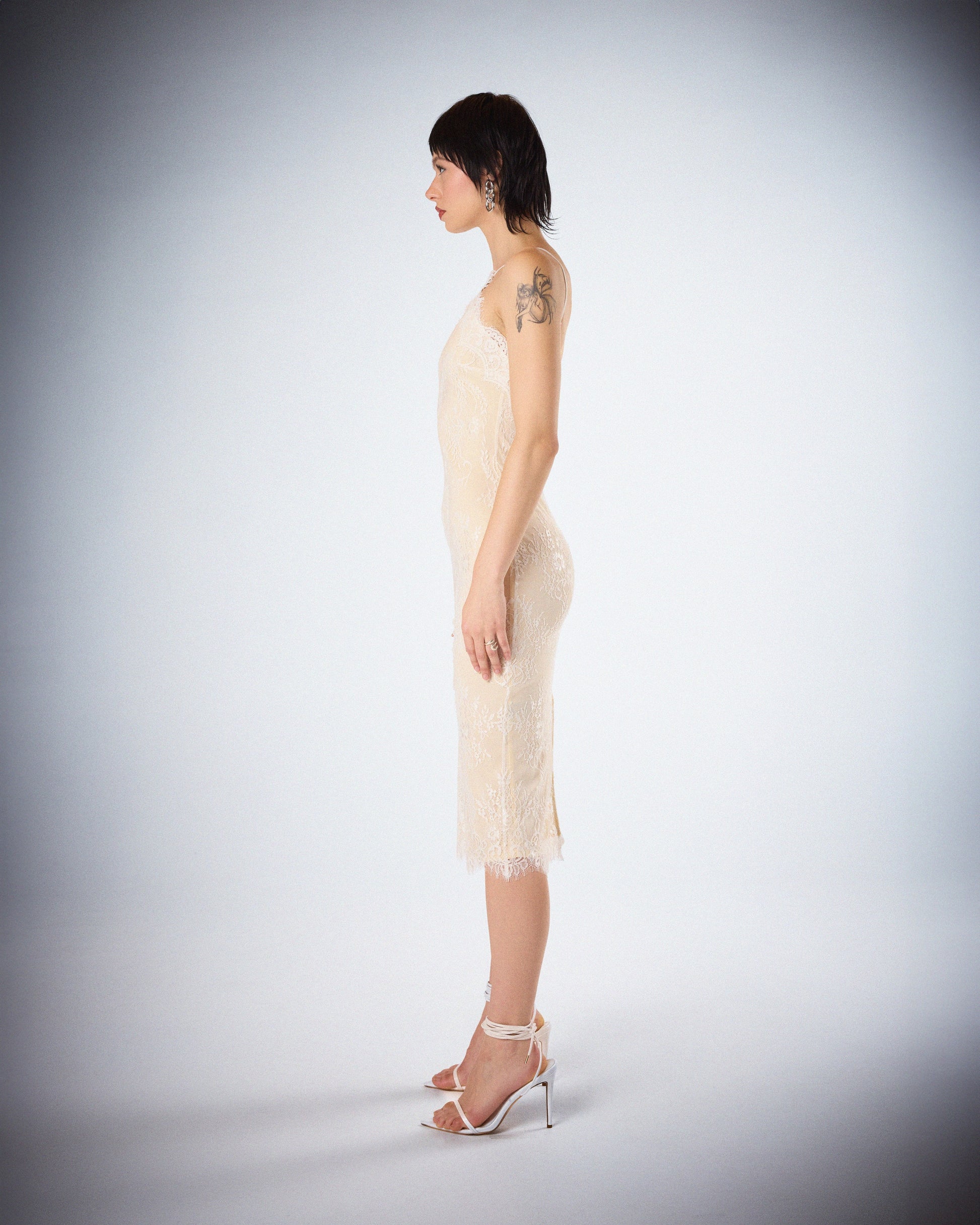 Ivory Lace Midi Dress - Halter Neck Fitted Cocktail FINESSE Ivory Lace Midi Dress - Halter Neck Fitted Cocktail FINESSE