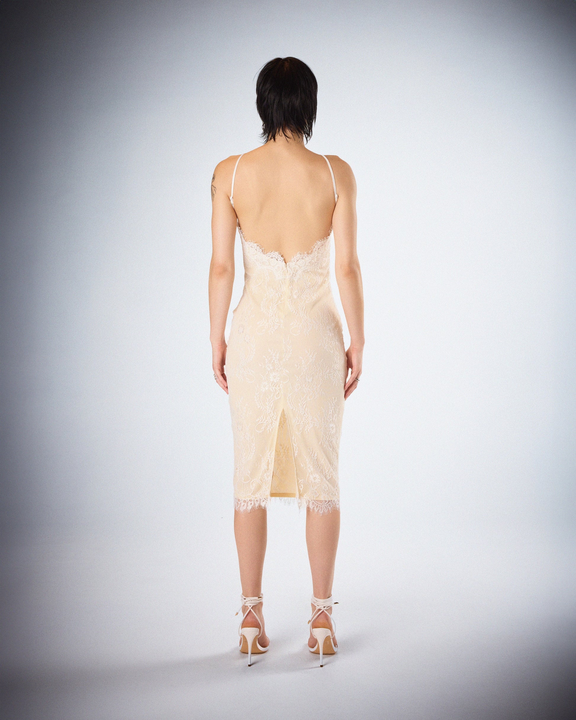 Ivory Lace Midi Dress - Halter Neck Fitted Cocktail FINESSE Ivory Lace Midi Dress - Halter Neck Fitted Cocktail FINESSE