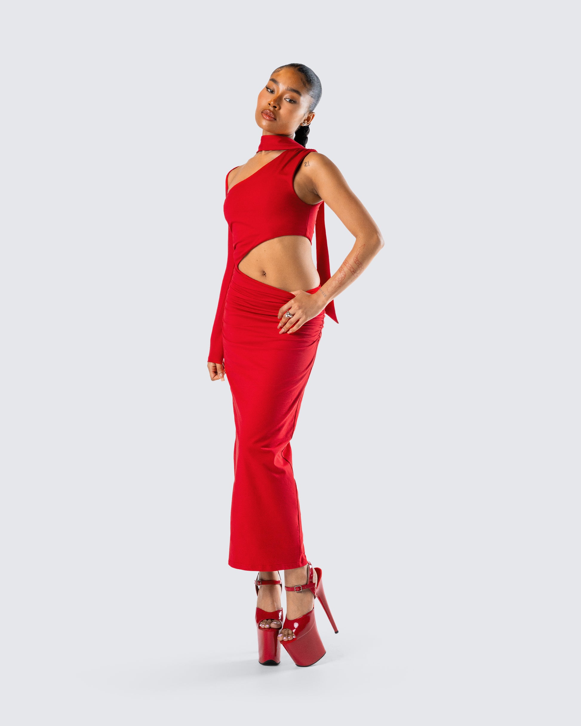 red cut out midi dress Candy Apple Red Cotton Side Cut Out Flower Midi Dress