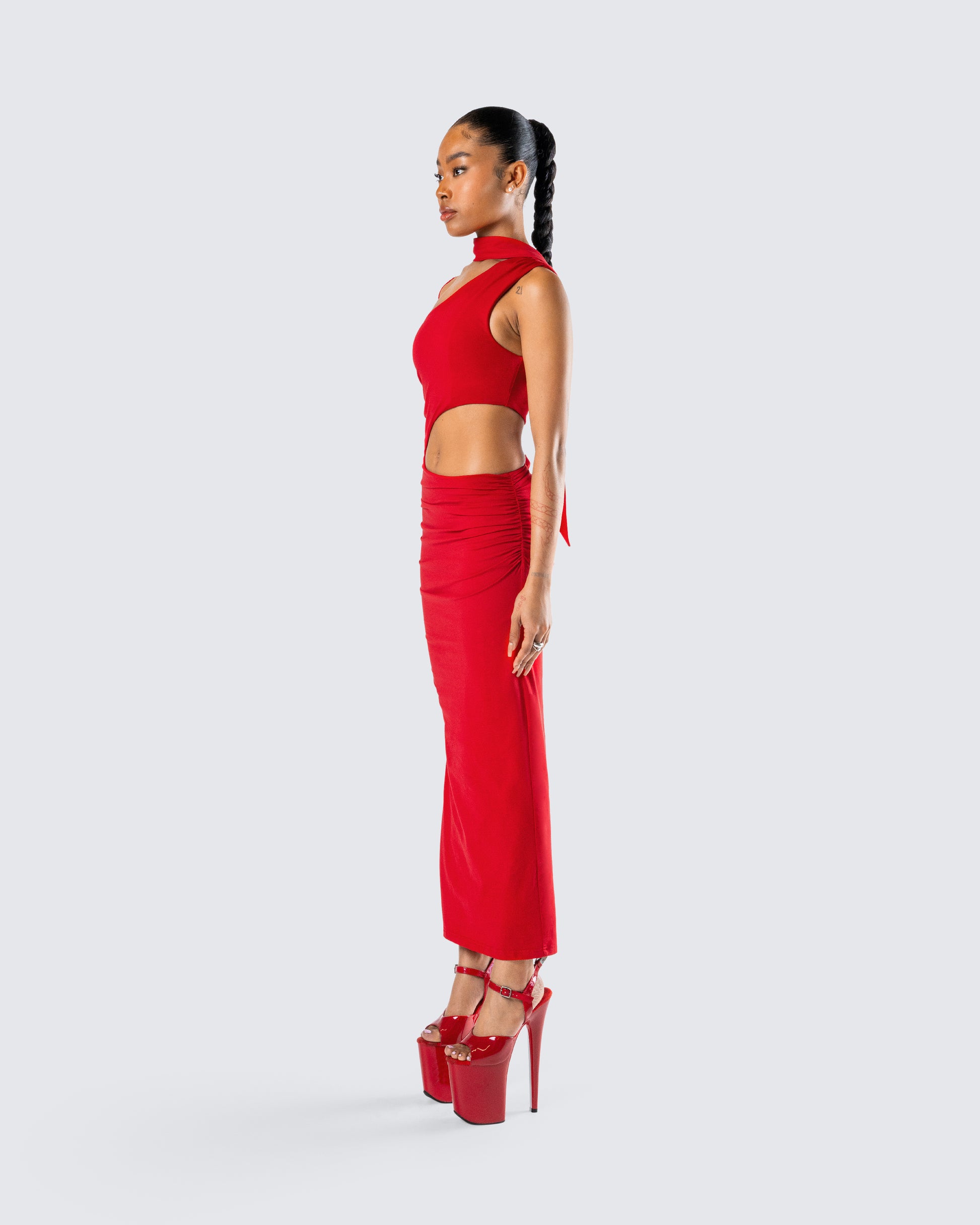 red one shoulder bodycon midi dress One Shoulder Embellished Ruffle Midi Dress Red