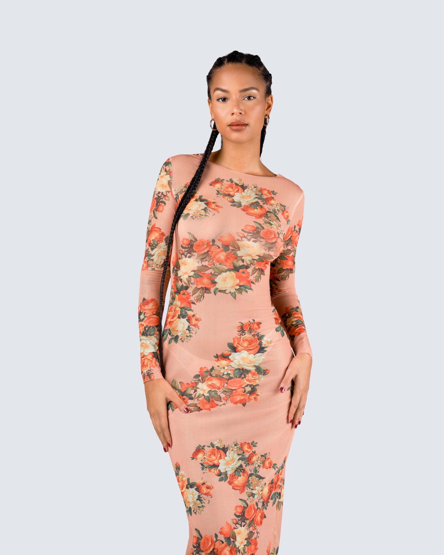 Gardenia Rose Print Mesh Midi Dress