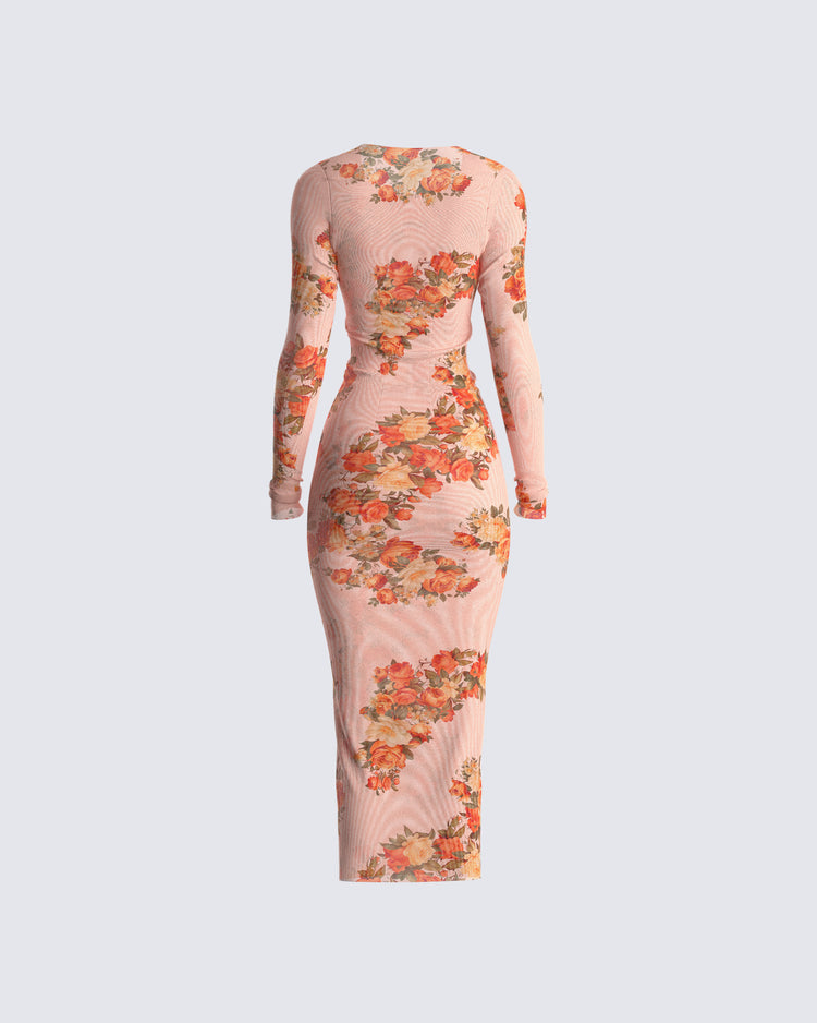 Gardenia Rose Print Mesh Midi Dress