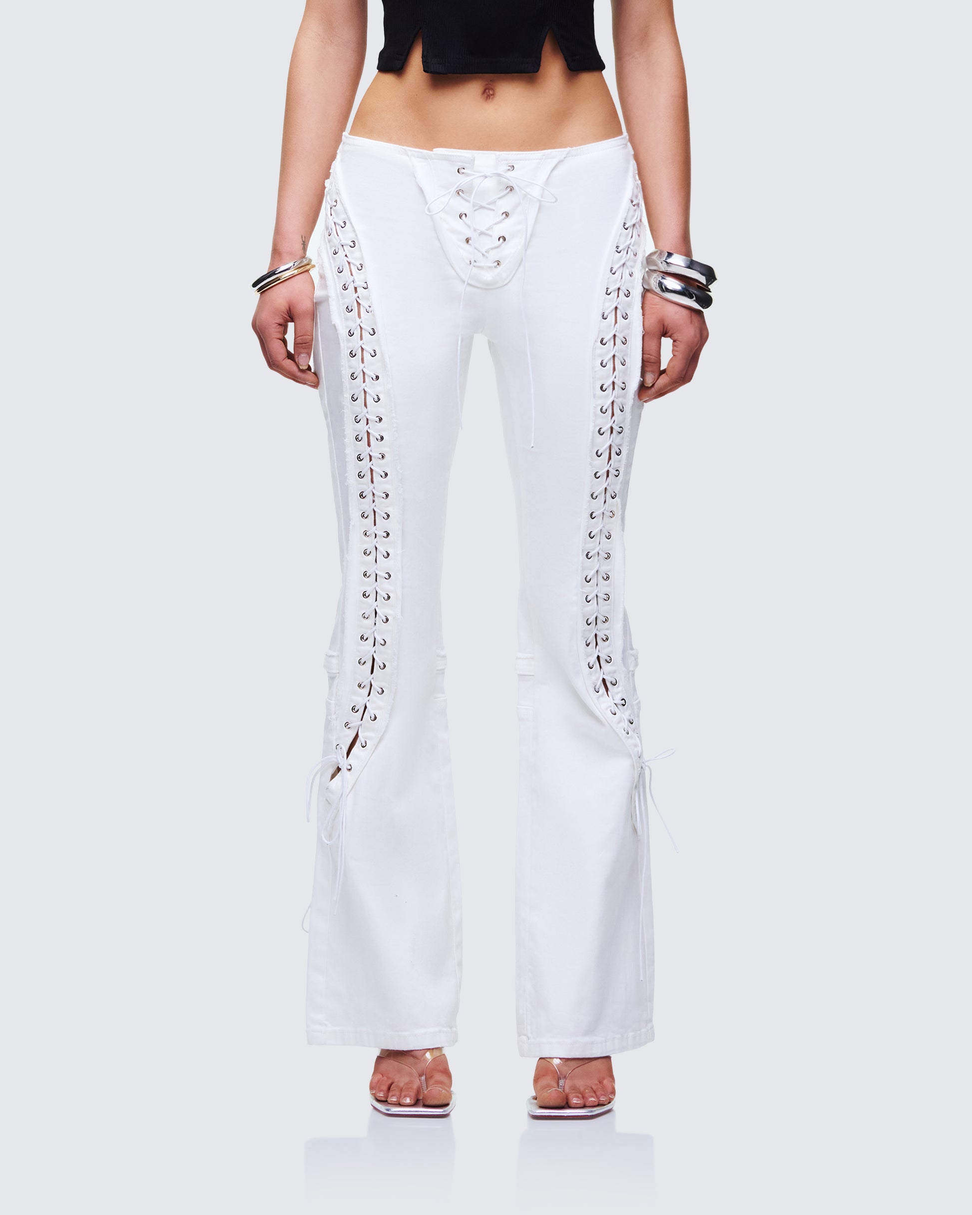 Genoveva Stone Denim Lace Up Jeans model front