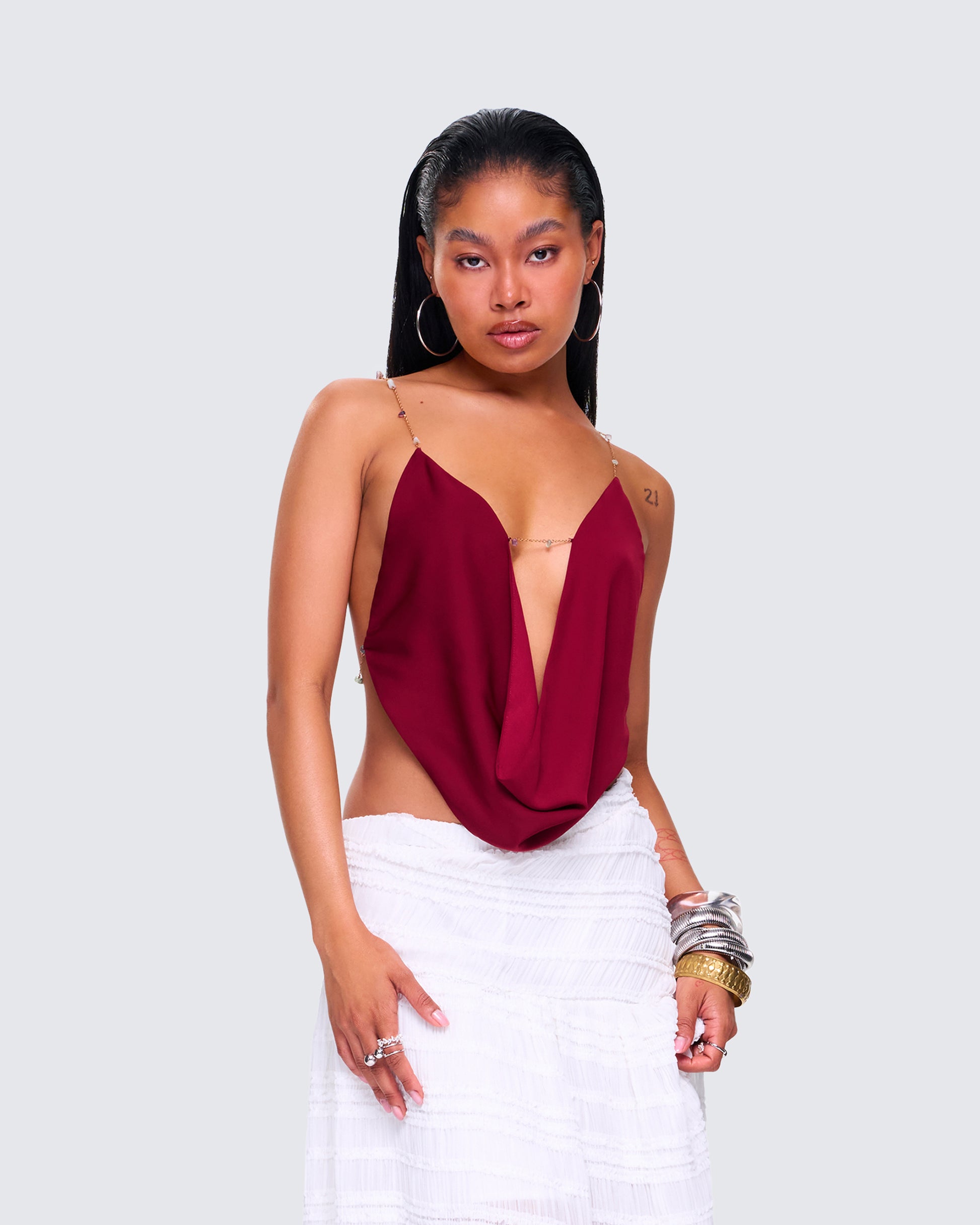 Burgundy Backless Cowl Neck Top Evening Crop FINESSE Burgundy Backless Cowl Neck Top Evening Crop FINESSE