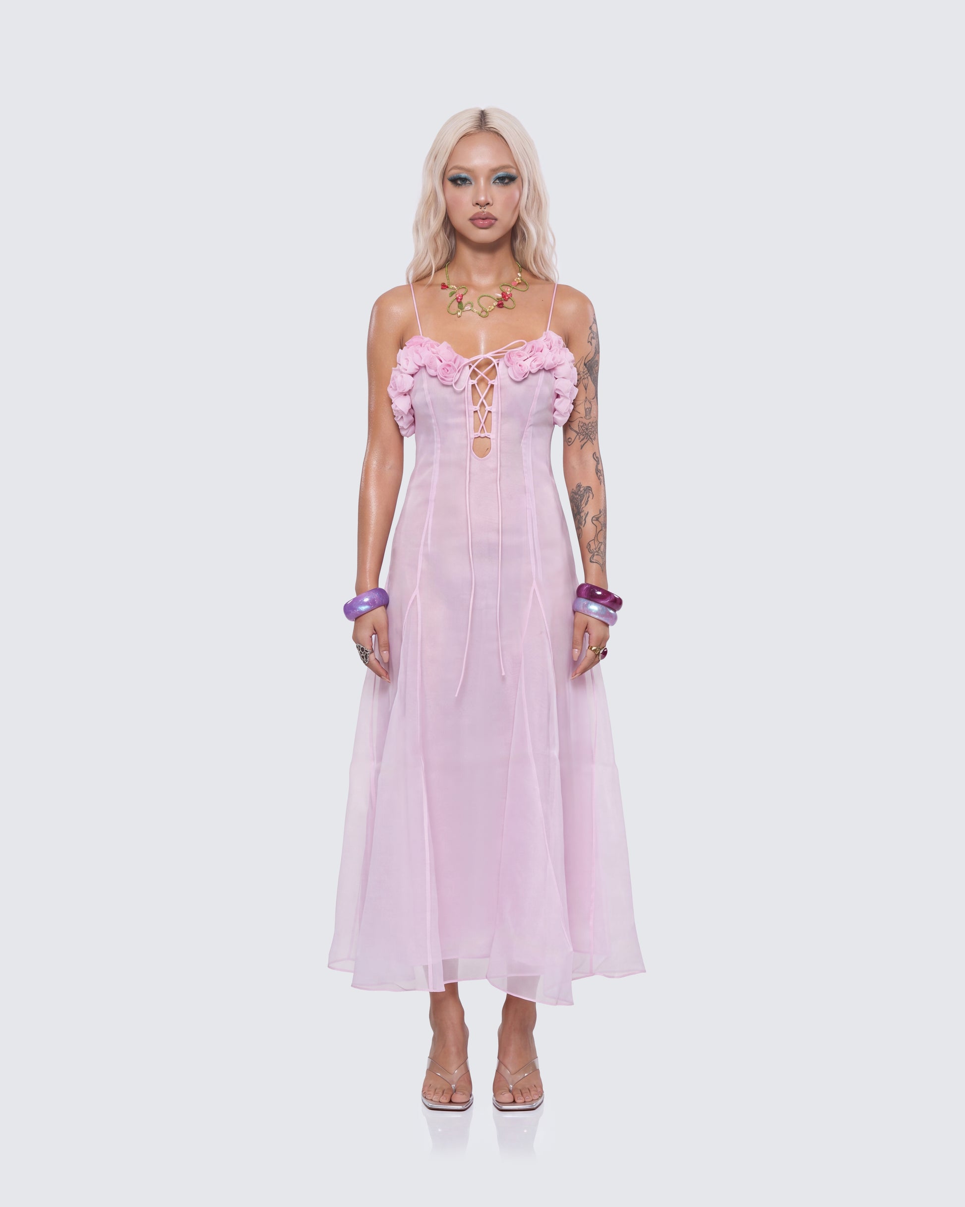 Glena Pink Sheer Godet Midi Dress model front