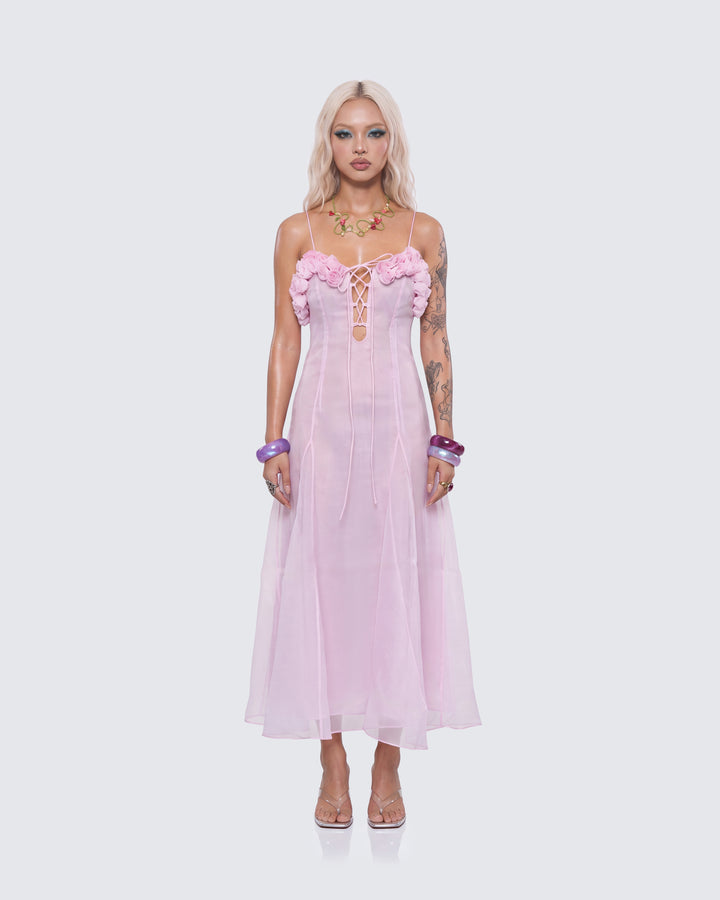 Glena Pink Sheer Godet Midi Dress model front