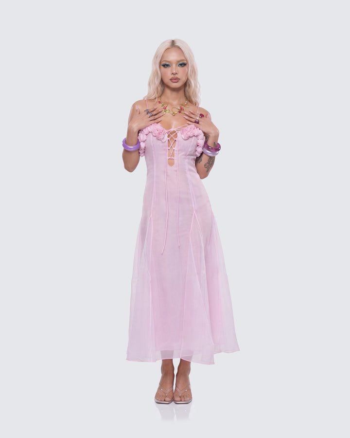 Glena Pink Sheer Godet Midi Dress