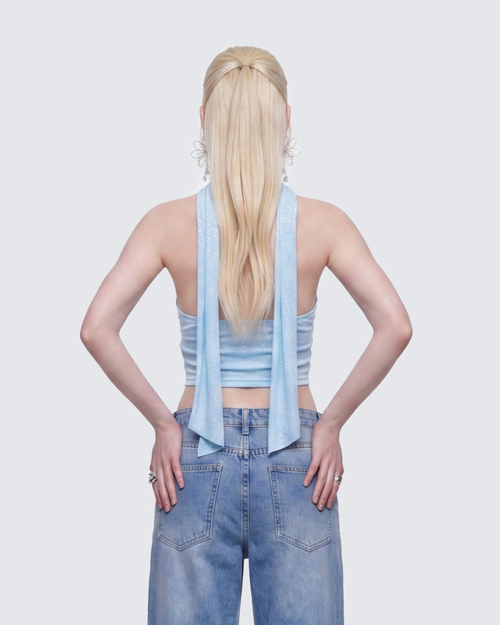 Gal Blue Sparkle Jersey Ruched Front Top