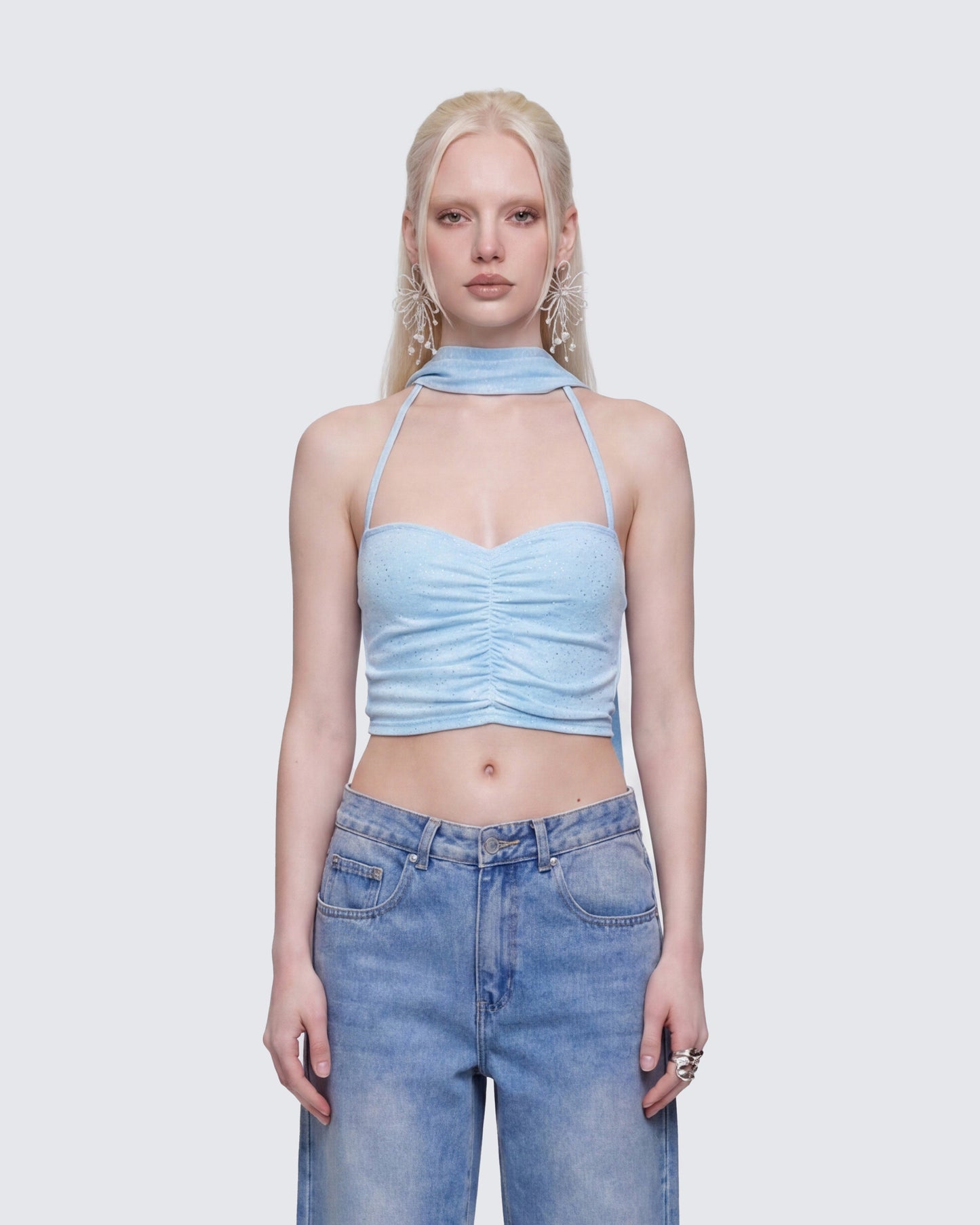 Gal Blue Sparkle Jersey Ruched Front Top model front