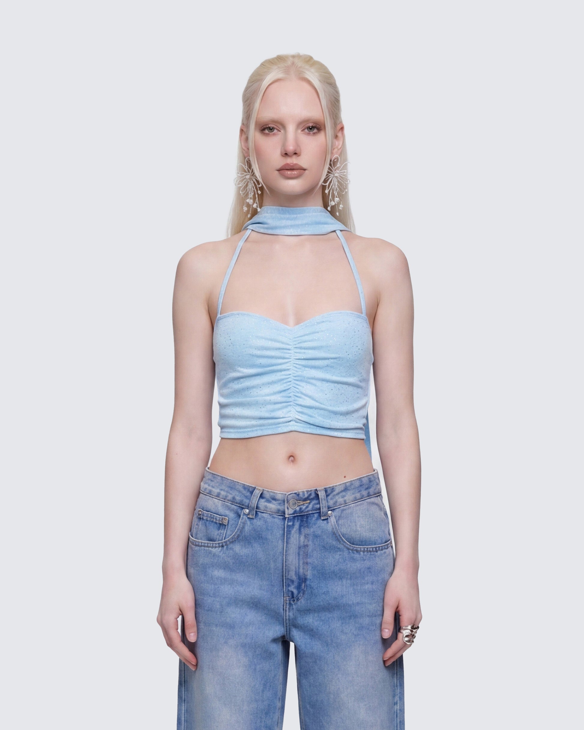 Gal Blue Sparkle Jersey Ruched Front Top model front