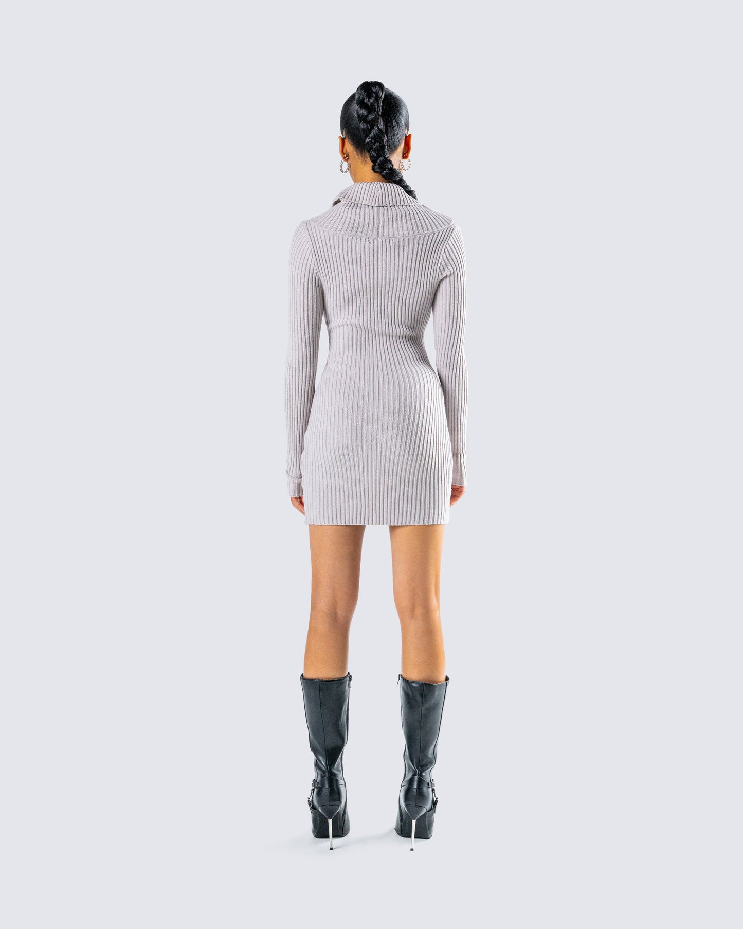 Grey Cowl Neck Sweater Dress - Ribbed Knit Mini FINESSE Grey Cowl Neck Sweater Dress - Ribbed Knit Mini FINESSE